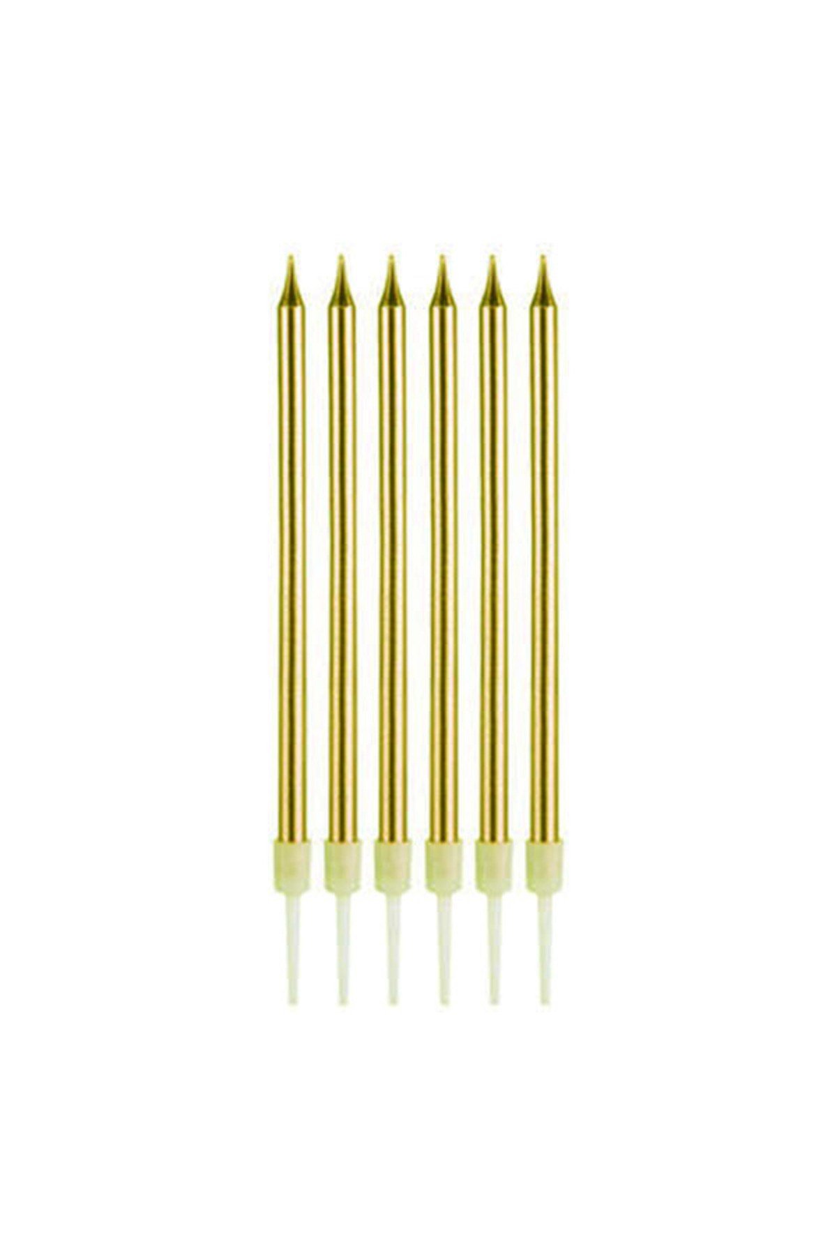 Uzun Altın Renk Gold Renk Pasta Parti Mumu 6 Adet 16 cm