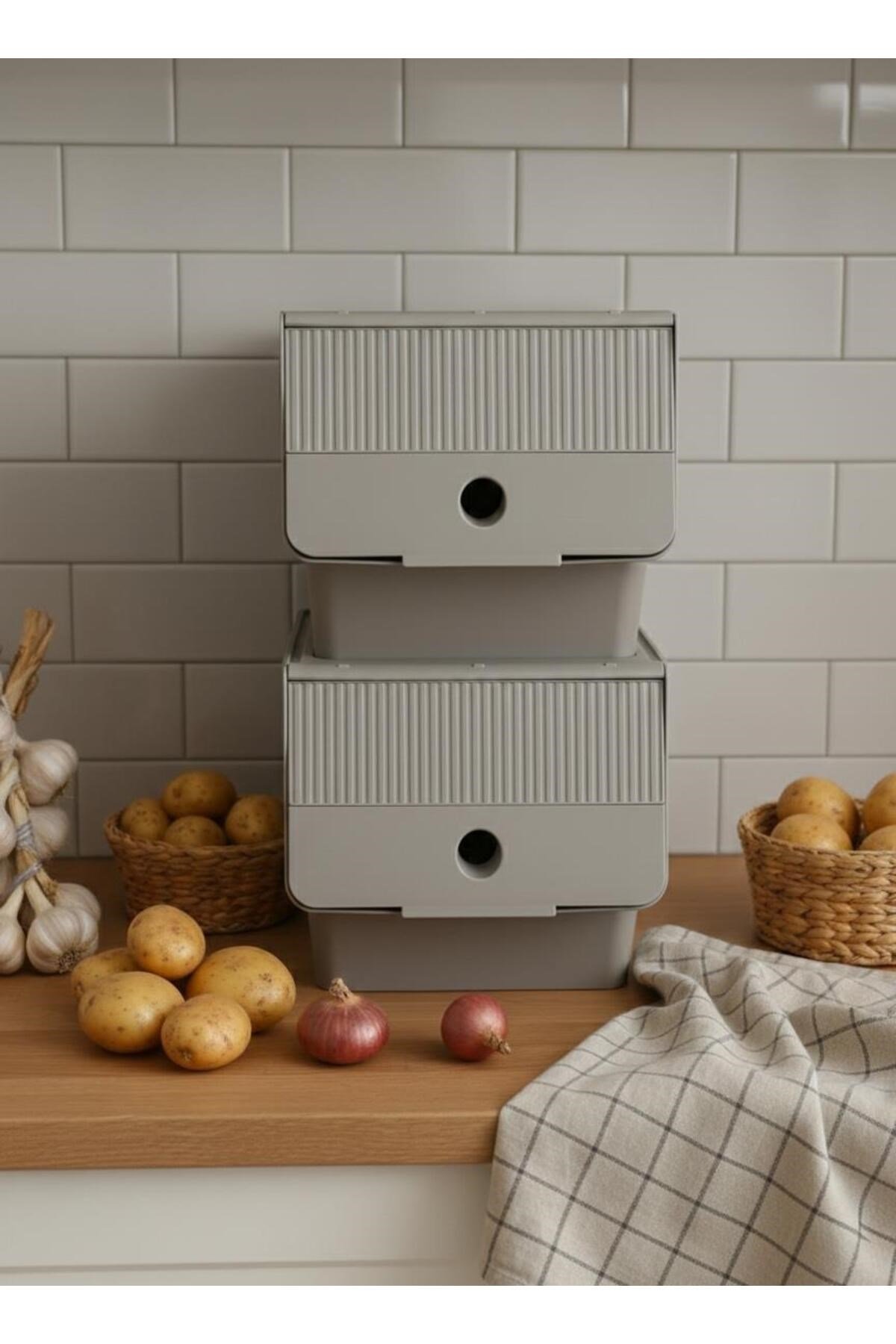 Vizon 2'Li 13,5 LT Modubox Kayar Kapaklı Saklama Kabı & Patates Soğan Kovası & Erzak Kutusu