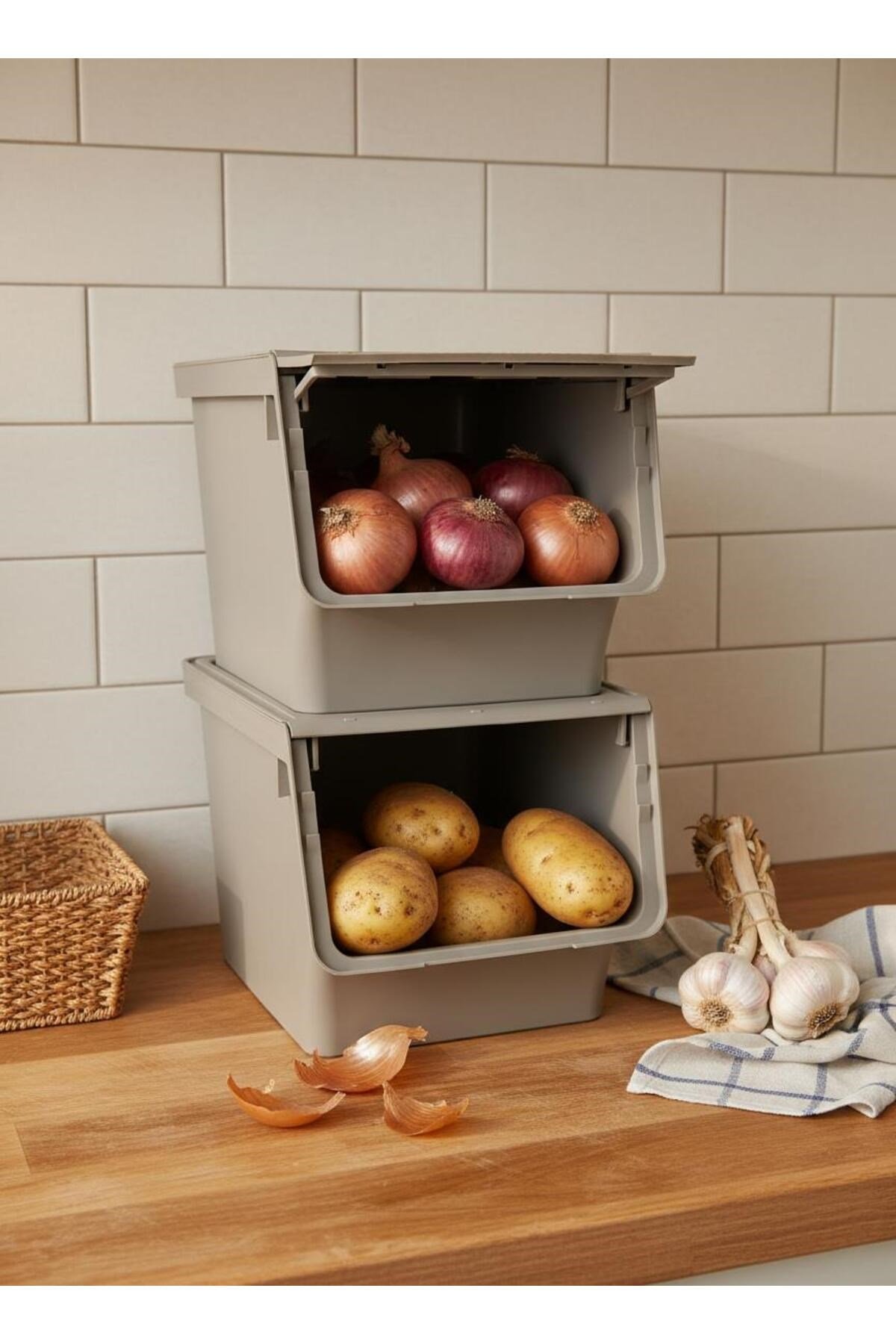 Vizon 2'Li 13,5 LT Modubox Kayar Kapaklı Saklama Kabı & Patates Soğan Kovası & Erzak Kutusu