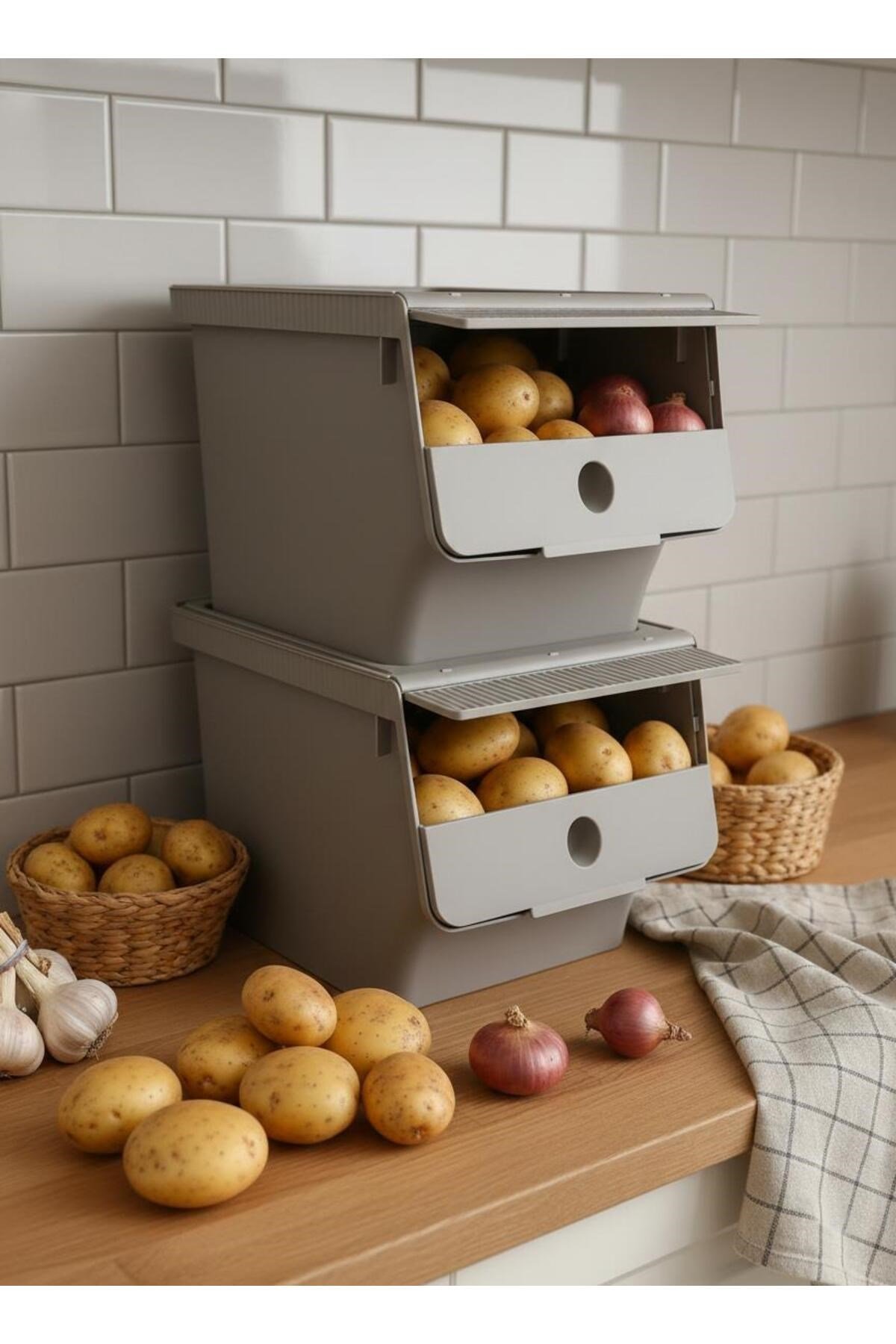 Vizon 2'Li 13,5 LT Modubox Kayar Kapaklı Saklama Kabı & Patates Soğan Kovası & Erzak Kutusu