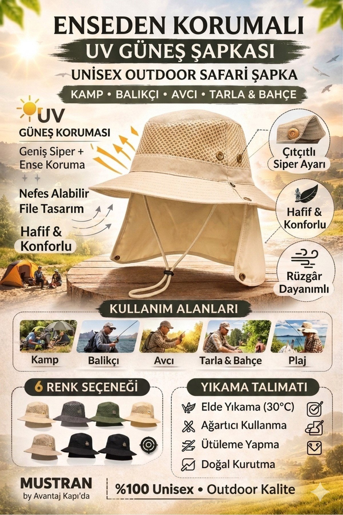 Yazlık Güneş Şapkası Fileli Safari Outdoor Balıkçı Şapkası Ense Korumalı Unisex – Krem