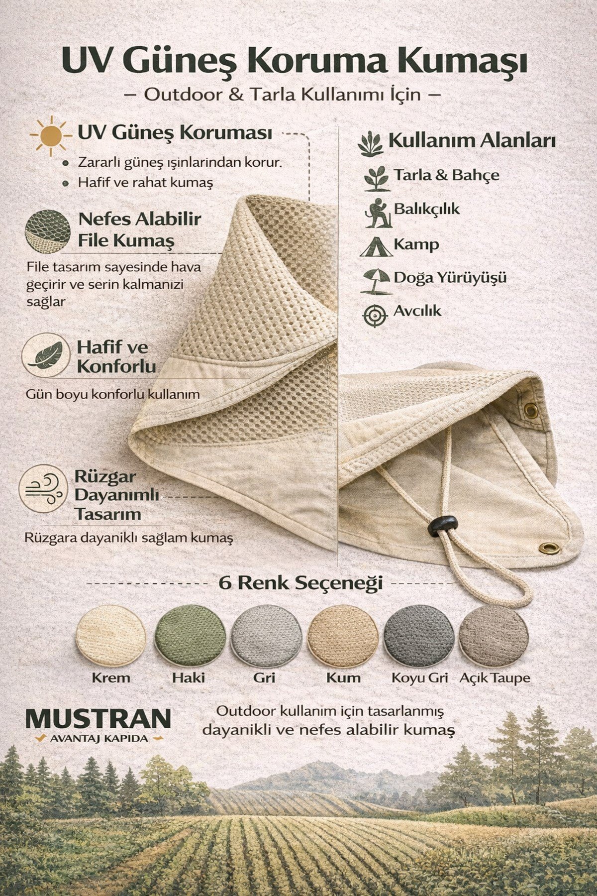 Yazlık Güneş Şapkası Fileli Safari Outdoor Balıkçı Şapkası Ense Korumalı Unisex – Krem