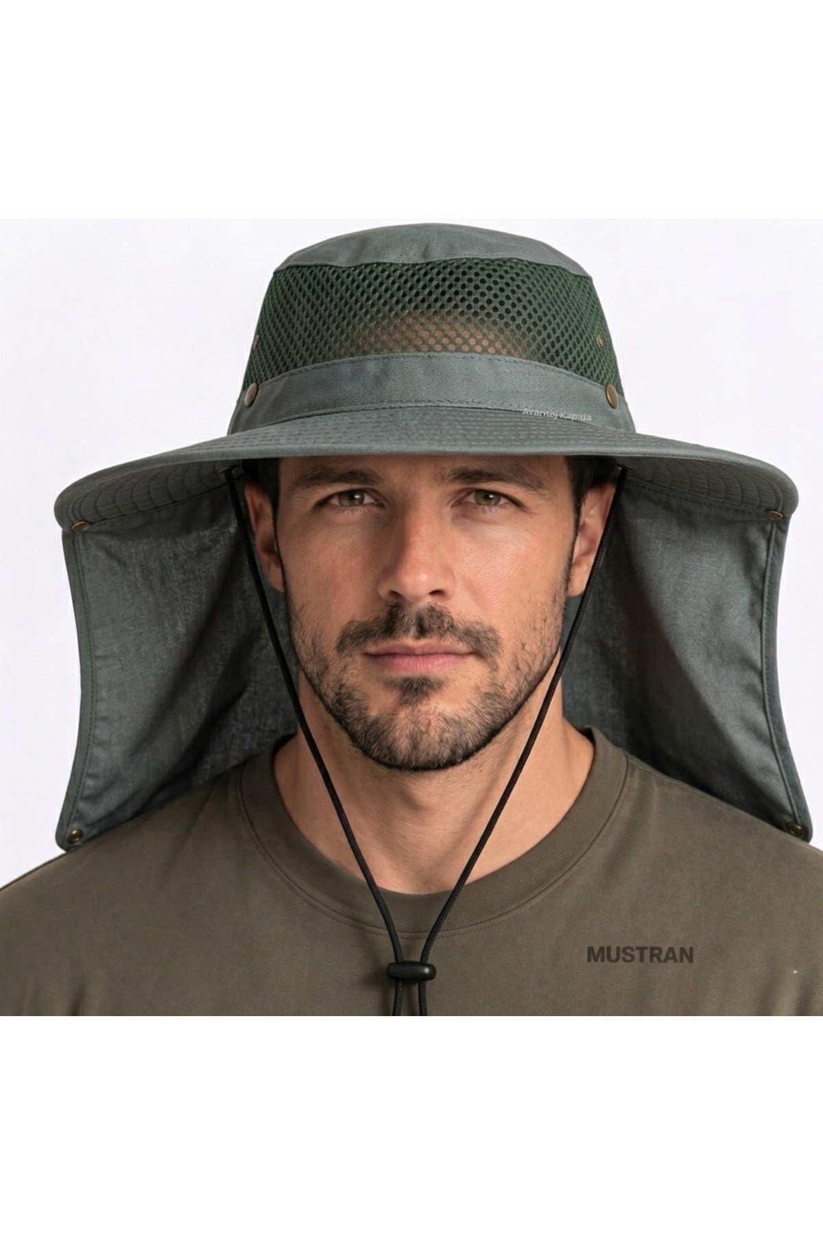 Yazlık Güneş Şapkası UV Korumalı Fileli Safari Outdoor Balıkçı Şapkası Ense Korumalı Unisex–Haki Gri