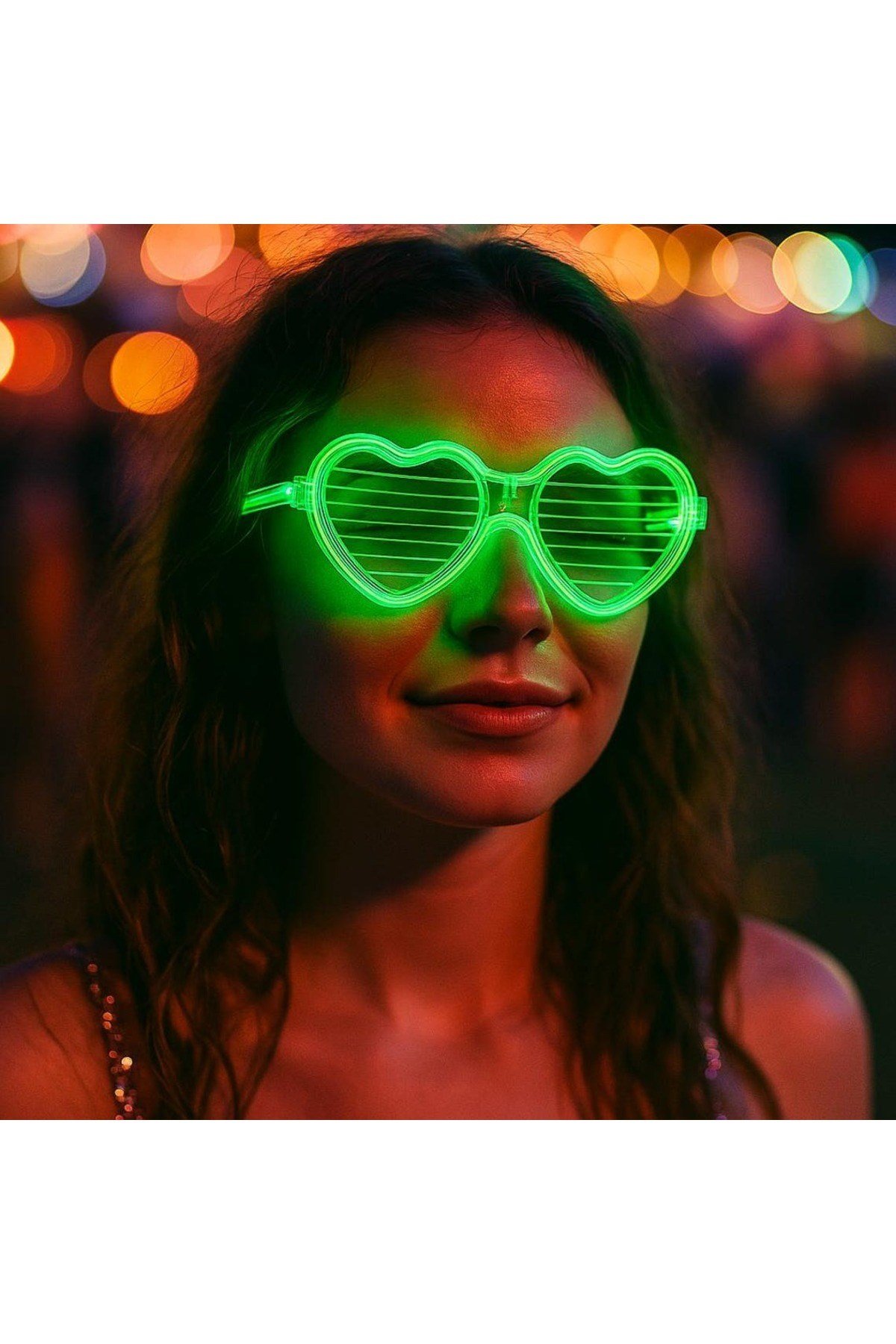 Yeşil LED Işıklı Kalp Gözlük – 3 Modlu Parti & Glow Gözlüğü