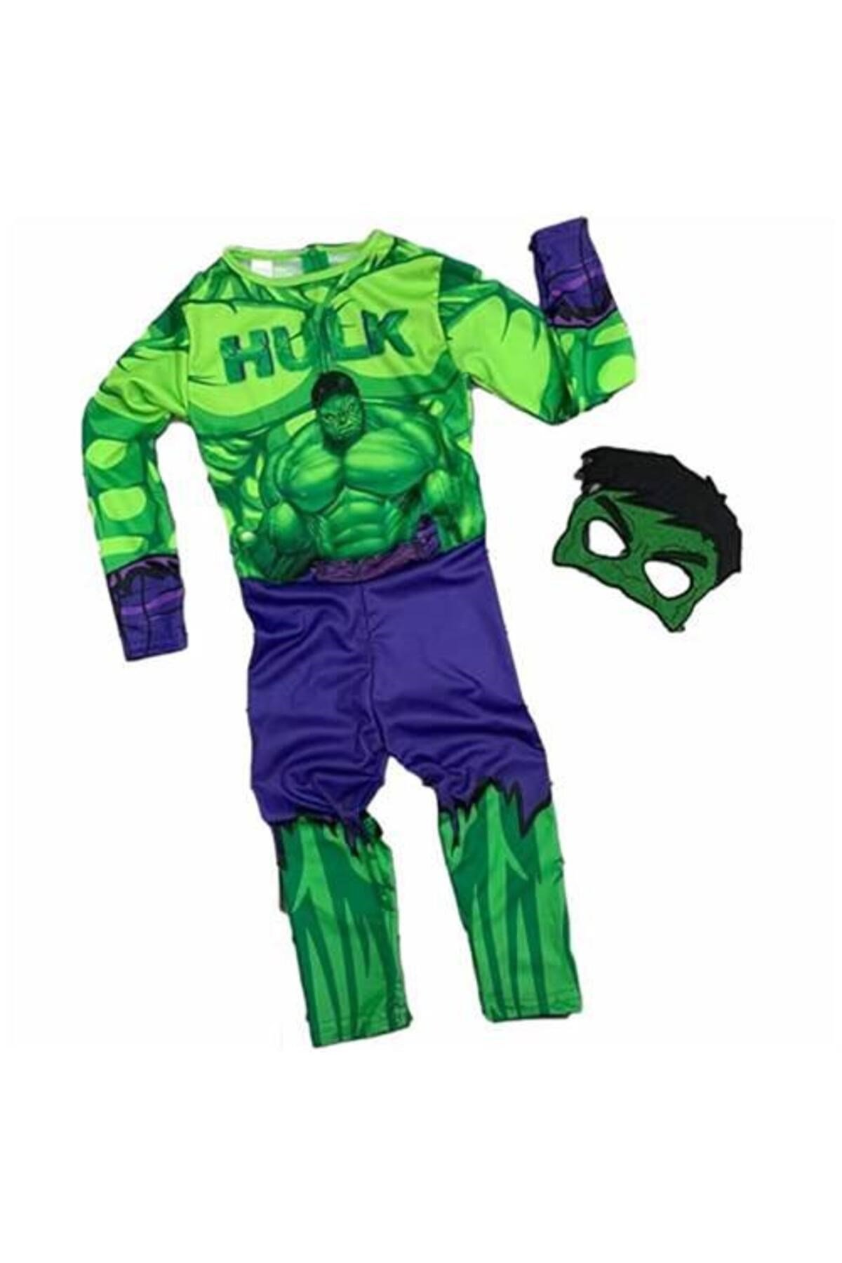 Yeşil Maskeli Baskılı Hulk Kostümü Çocuk Boy - Yeşil Dev Kostümü 11-12 Yaş
