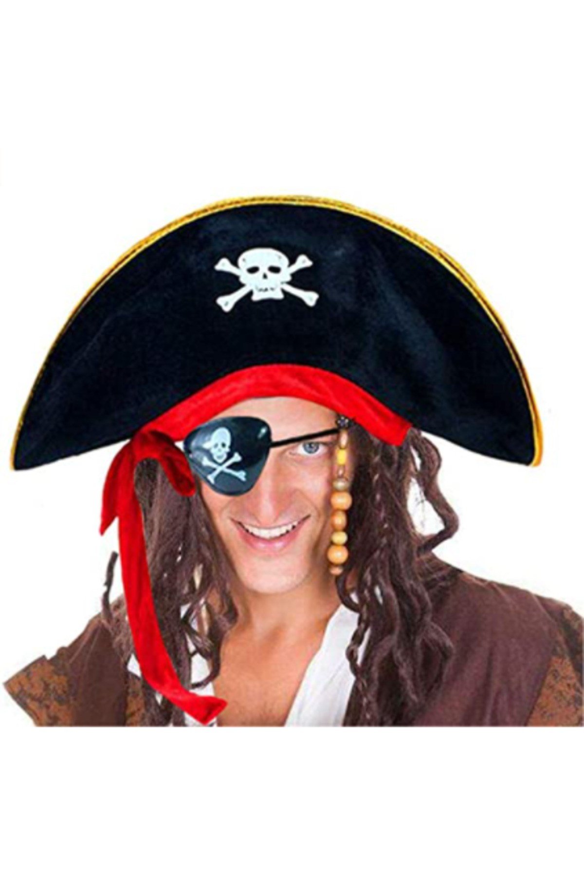 Yetişkin Boy Kadife Kaptan Jack Sparrow Korsan Şapkası ve Plastik Korsan Göz Maskesi