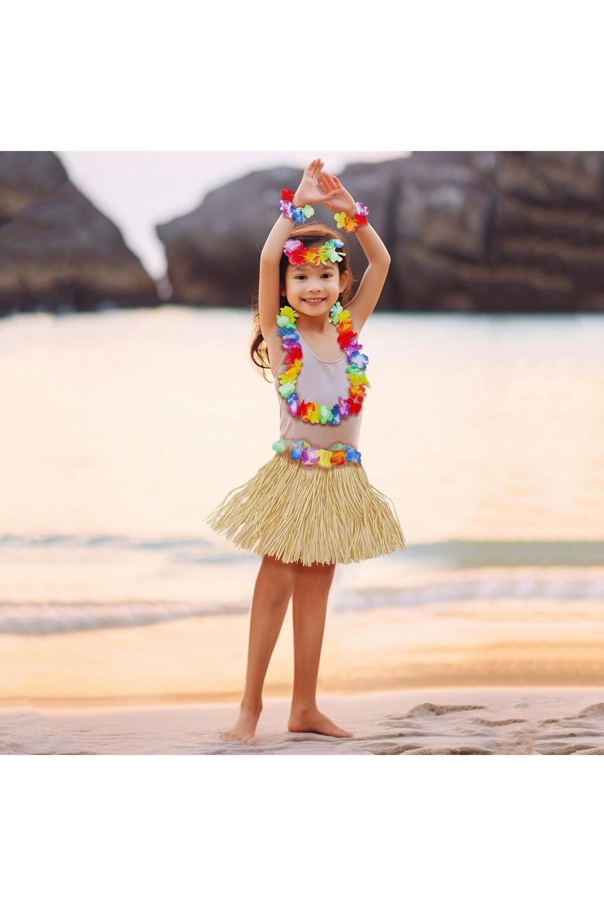 Yetişkin Çocuk Hawaii Parti Seti - 40 cm Naturel Etek + Çiçek Aksesuarlar (5 Parça)