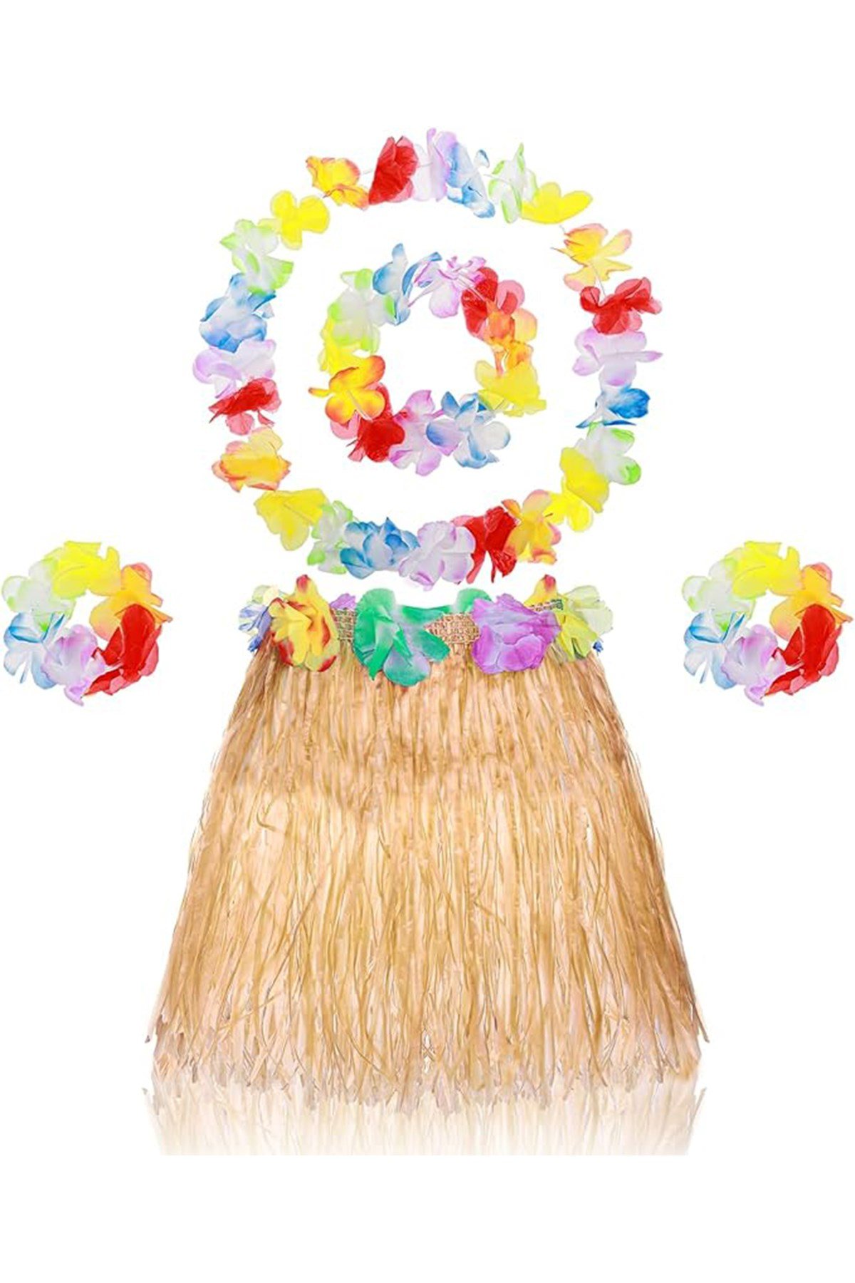 Yetişkin Çocuk Hawaii Parti Seti - 40 cm Naturel Etek + Çiçek Aksesuarlar (5 Parça)
