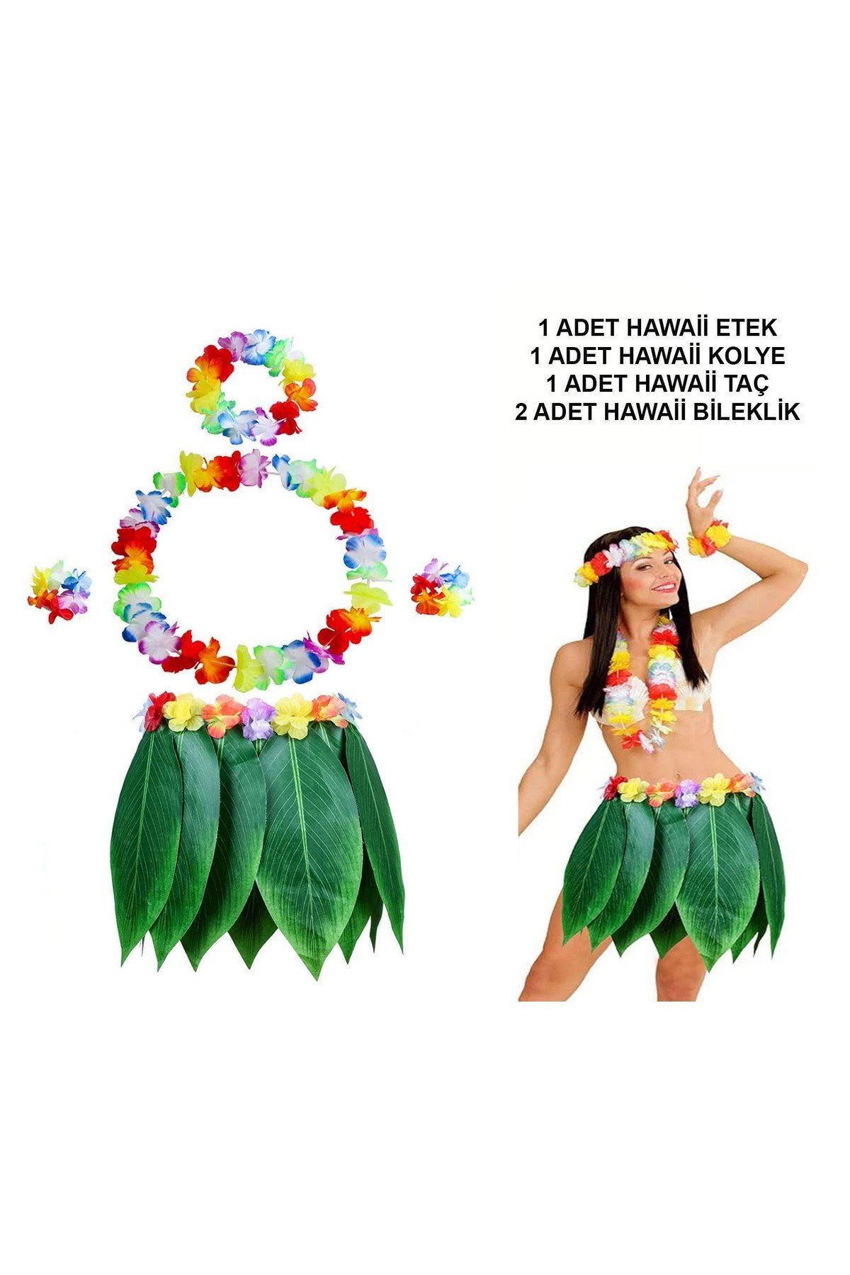 Yetişkin Hawaii Kostüm Seti - Yaprak Etek & Hawaii Set - 5 Parça
