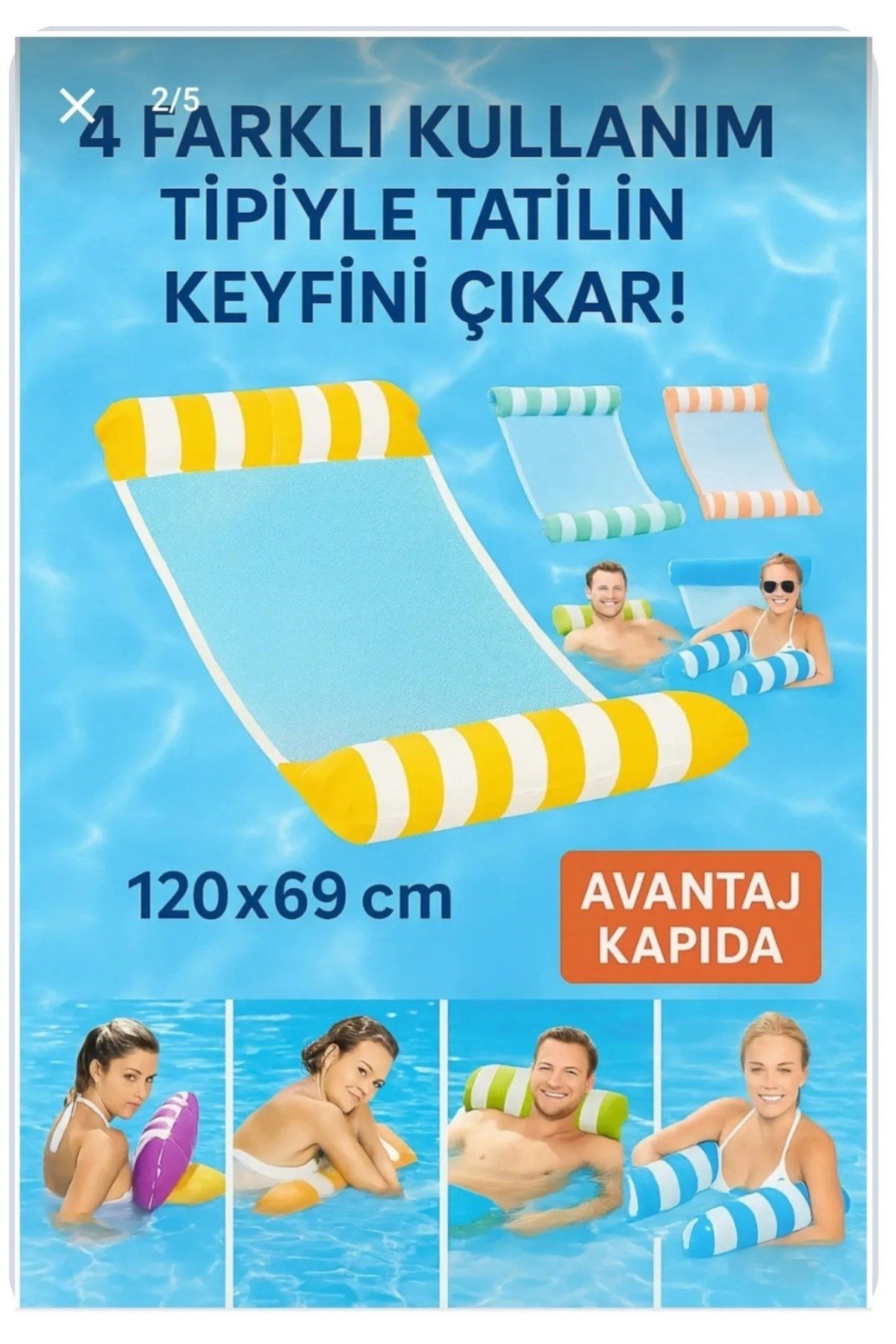 Yetişkin Relax Fileli Şişme Deniz Havuz Yatağı – Hamaklı Uzanma Şezlong Modeli 120x69