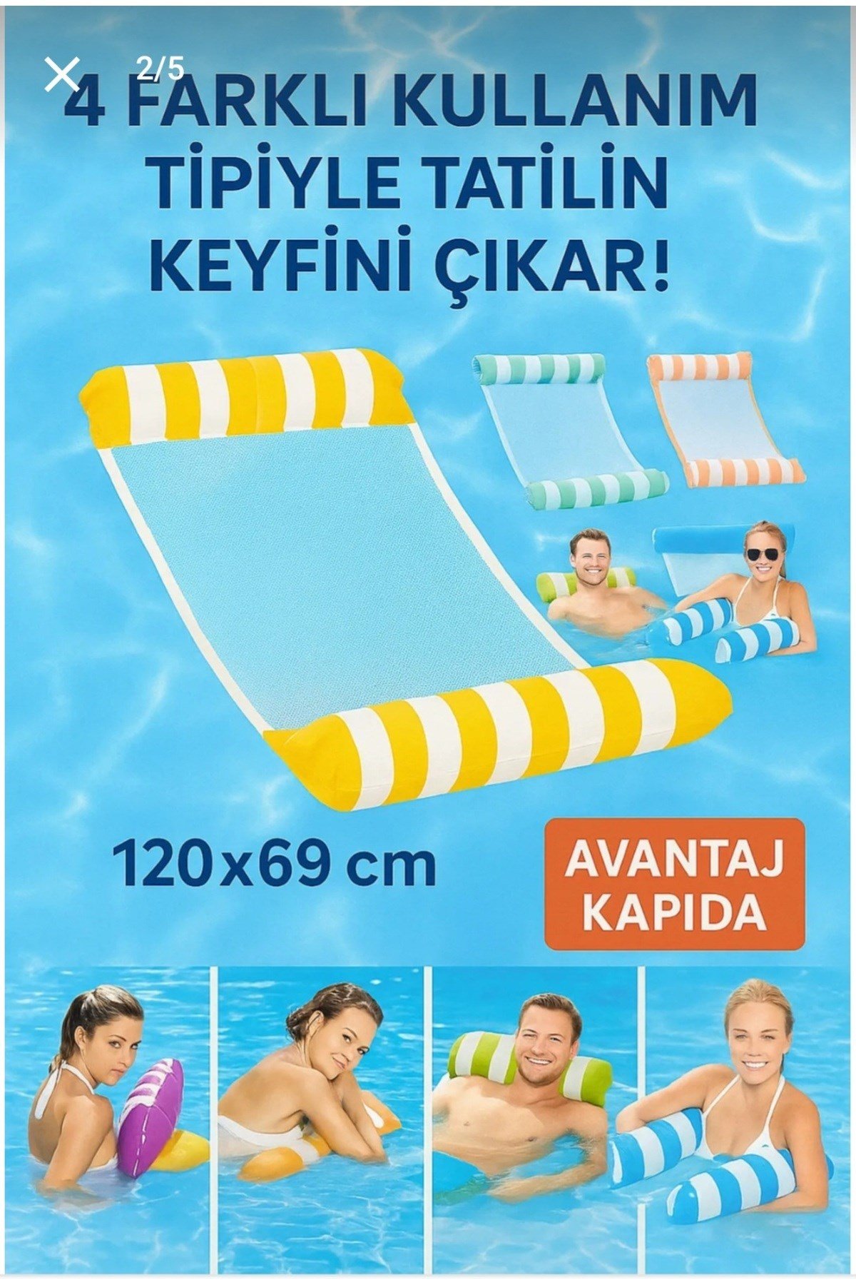 Yetişkin Relax Fileli Şişme Deniz Havuz Yatağı – Hamaklı Uzanma Şezlong Modeli 120x69