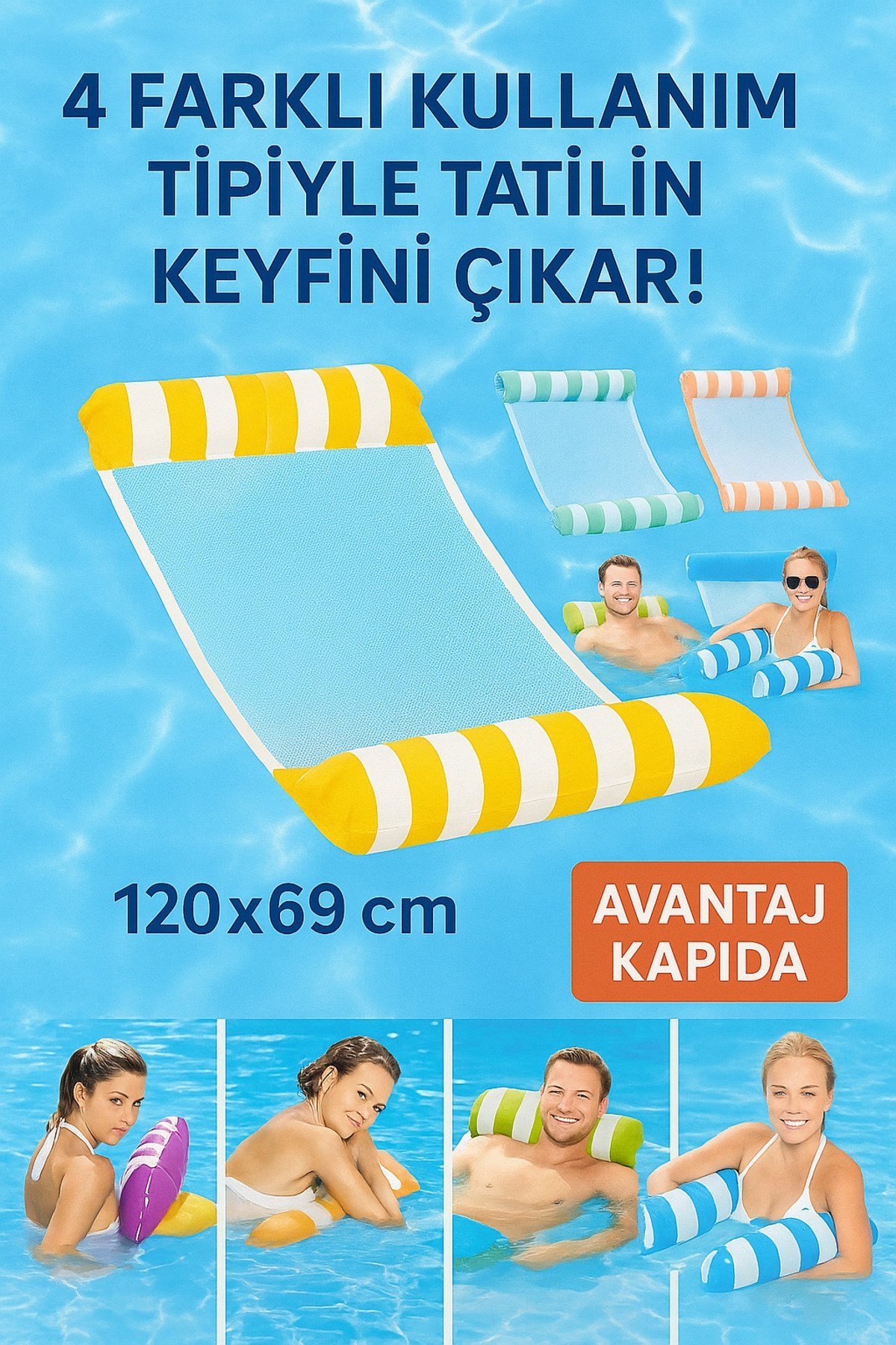 Yetişkin Relax Fileli Şişme Deniz Havuz Yatağı – Hamaklı Uzanma Şezlong Modeli 120x69