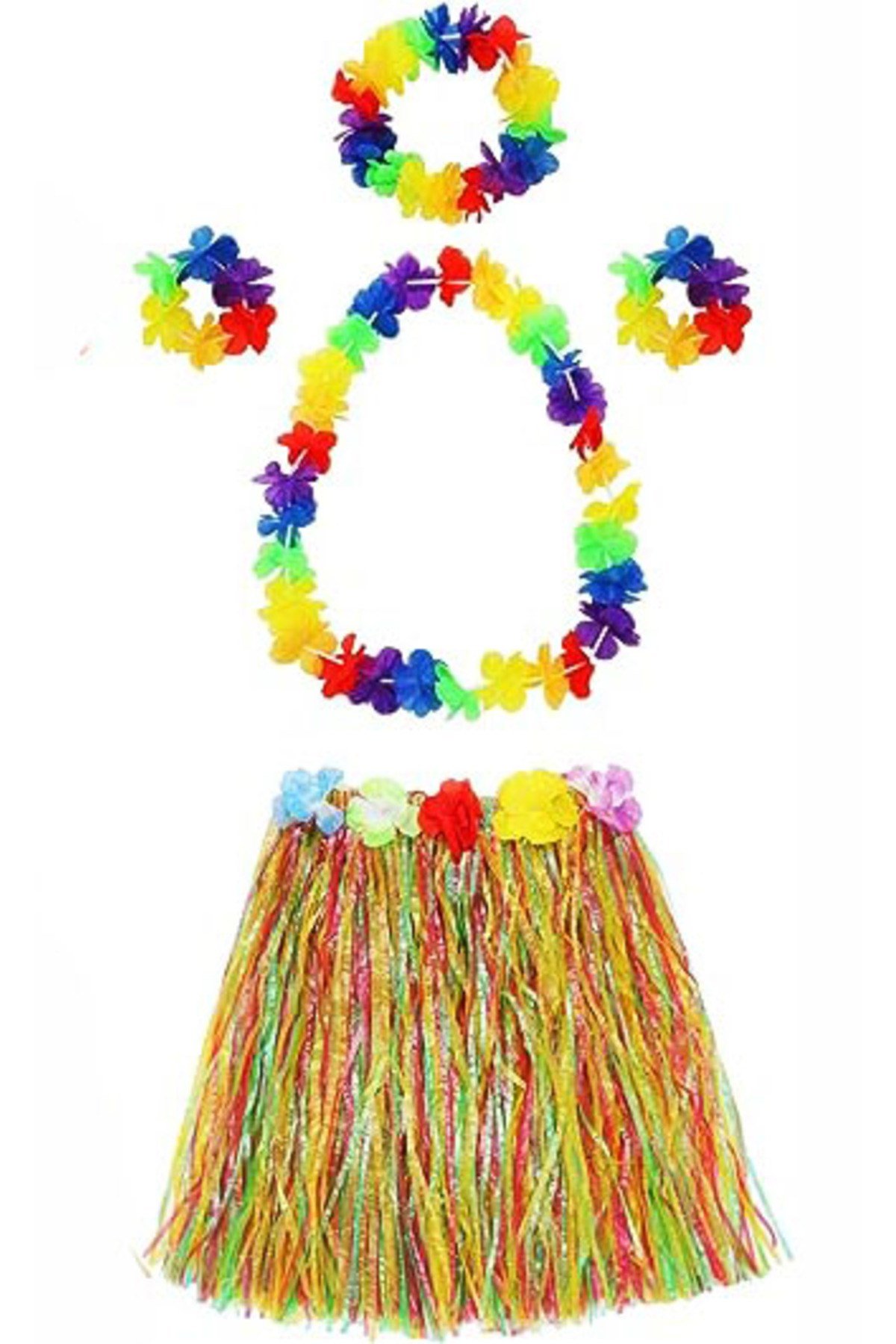 Yetişkin ve Çocuk Uyumlu Luau Aloha Hawaii Kolye Renkli Etek Taç ve Bileklik Seti