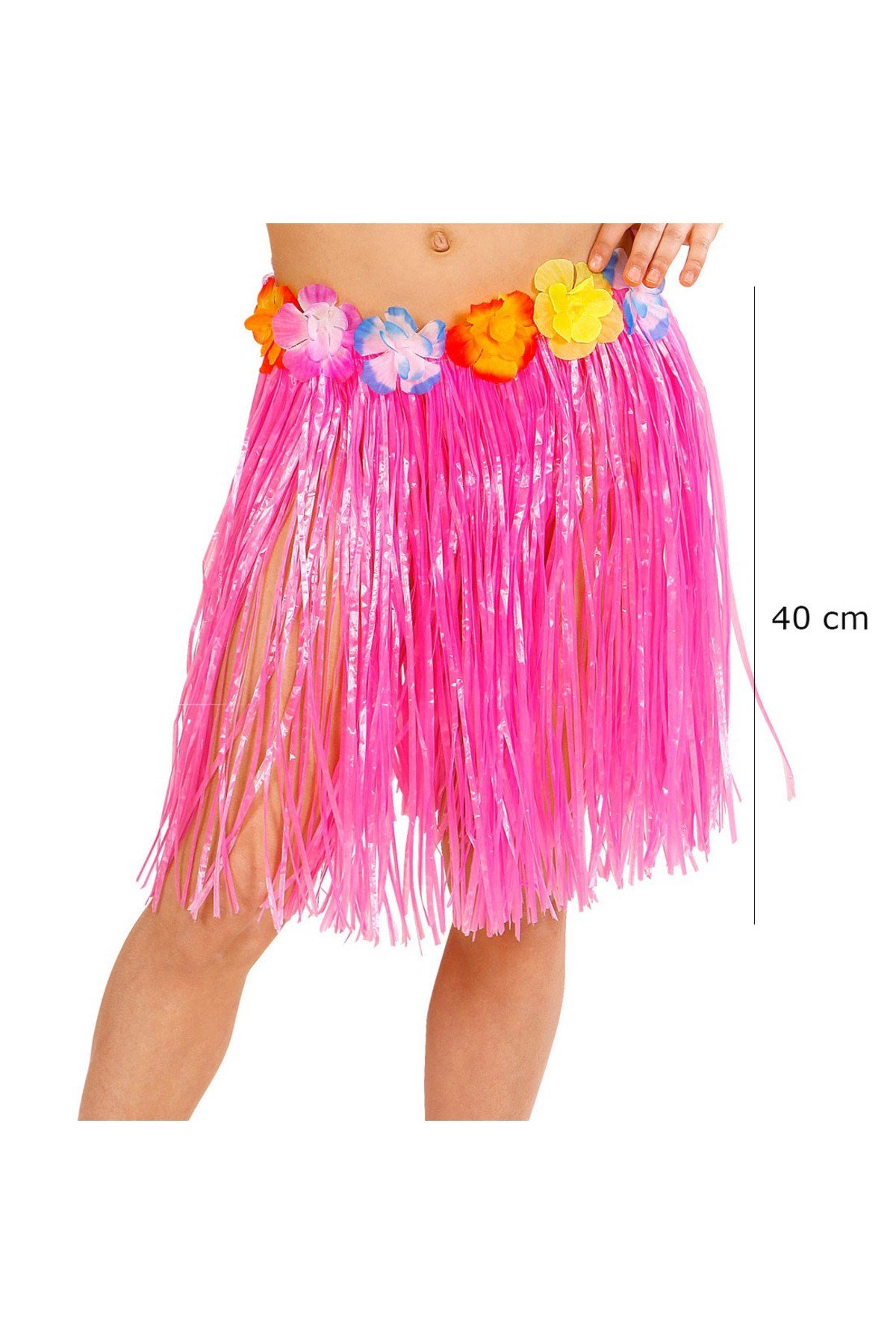 Yetişkin ve Çocuk Uyumlu Pembe Renk Püsküllü Hawaii Luau Hula Etek 40 cm