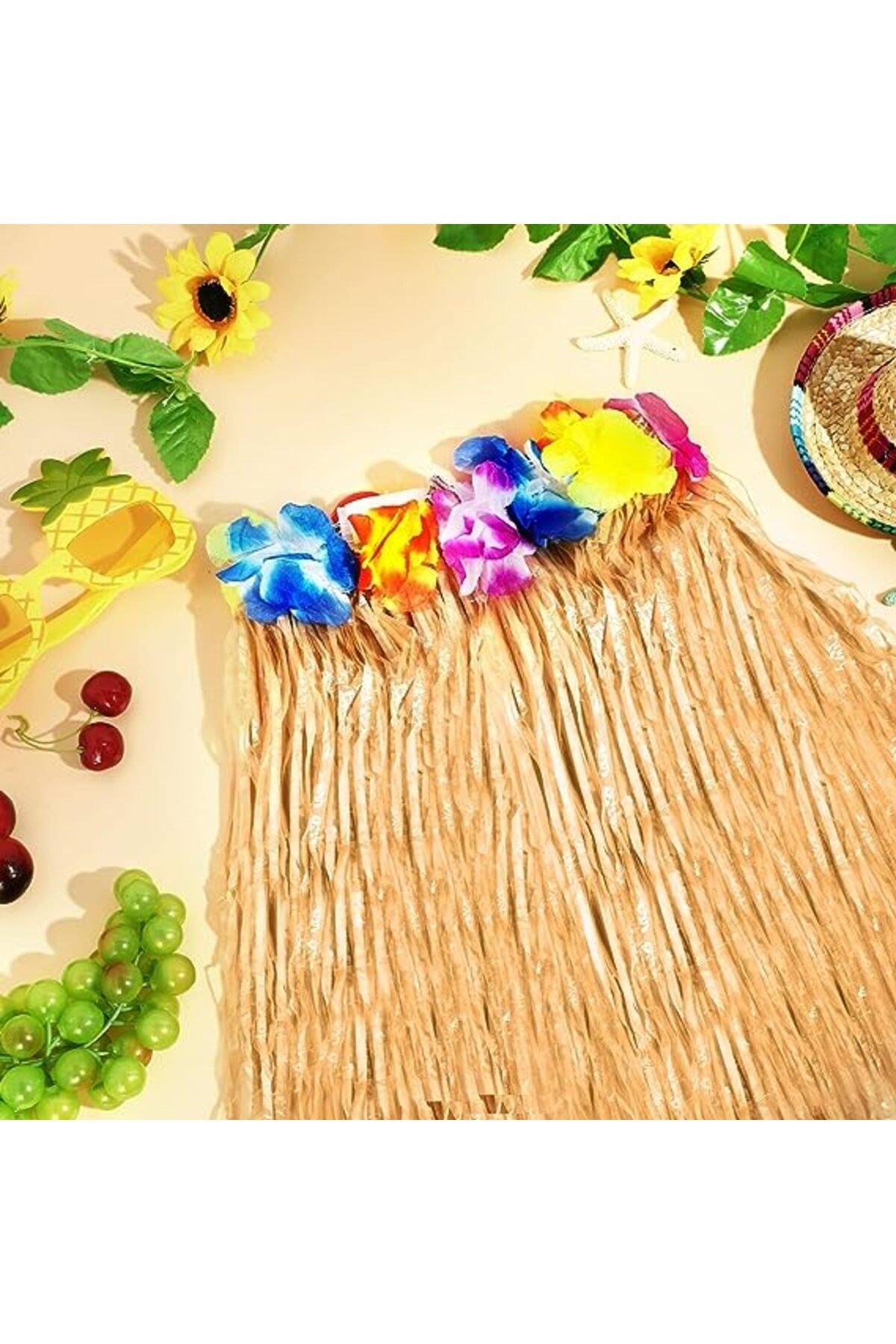 Yetişkin ve Çocuk Uyumlu Saman Renk Hawaii Luau Hula Etek 40 cm 12 Adet