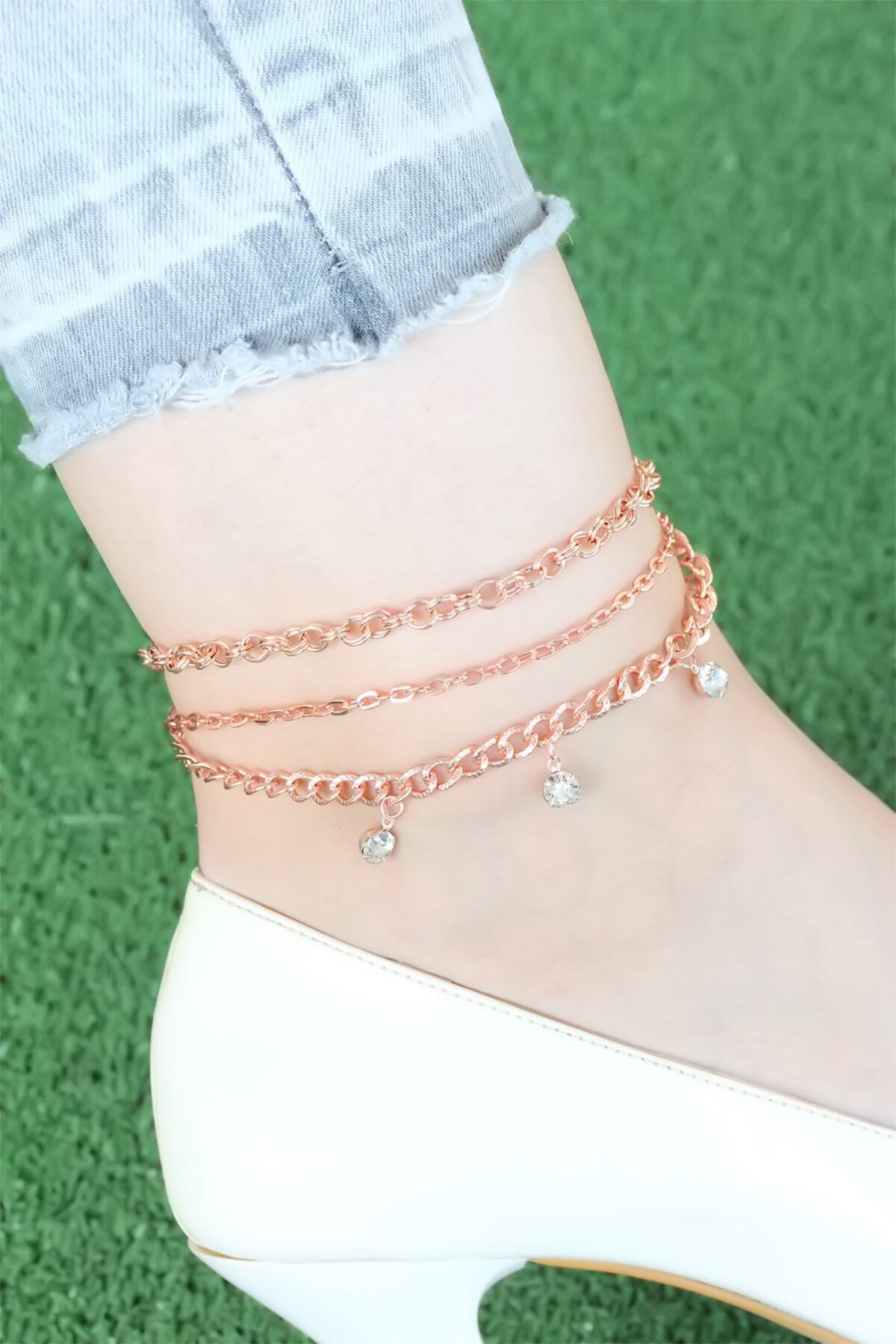Zirkon Taşlı Rose Renk Zincirli Hal Hal