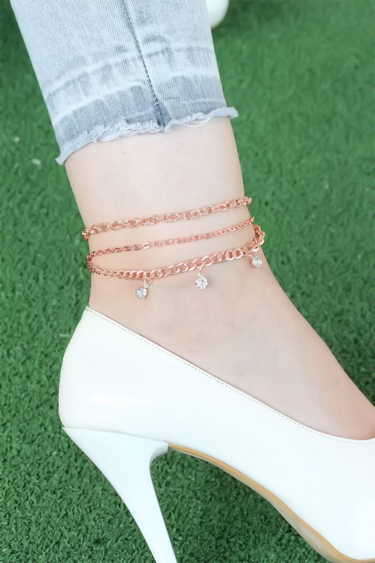 Zirkon Taşlı Rose Renk Zincirli Hal Hal