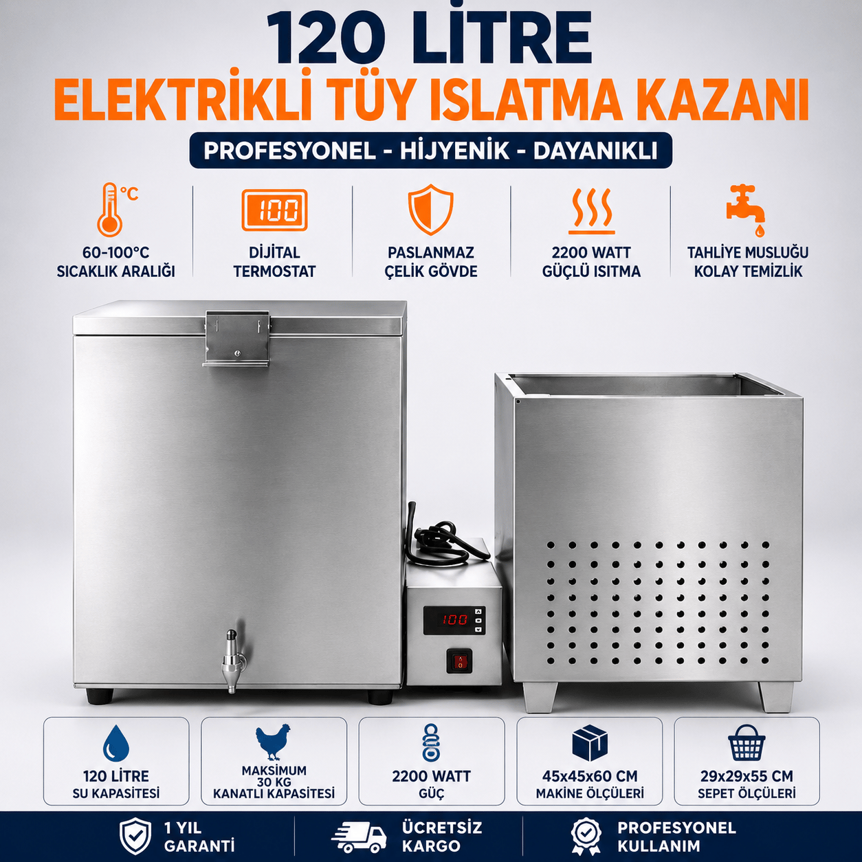 120 litre elektrikli tüy ıslatma kazanı. Tavuk, kaz, ördek, hindi ve bıldırcın için profesyonel tüy ıslatma makinesi. 2200 Watt güçlü rezistans, dijital termostat ve paslanmaz çelik gövde.