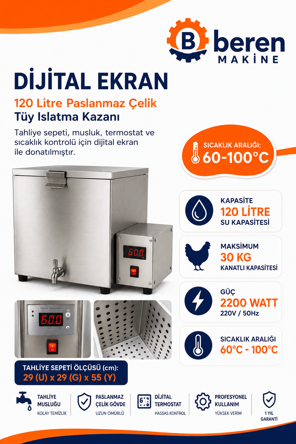 120 litre elektrikli tüy ıslatma kazanı. Tavuk, kaz, ördek, hindi ve bıldırcın için profesyonel tüy ıslatma makinesi. 2200 Watt güçlü rezistans, dijital termostat ve paslanmaz çelik gövde.
