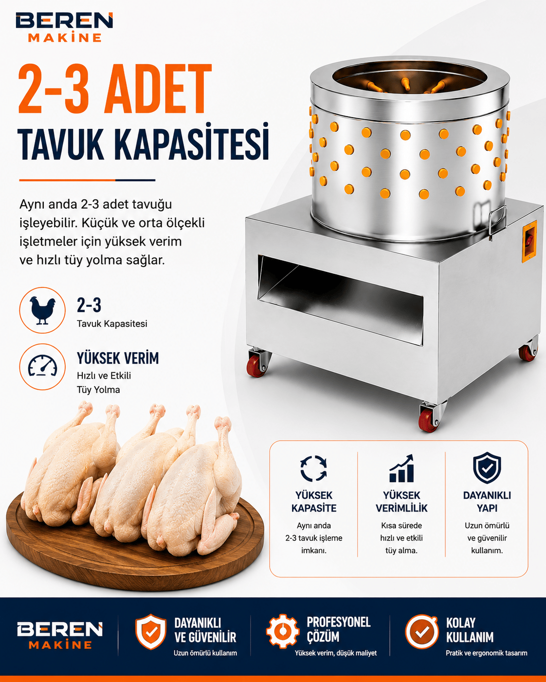 2-3 Tavuk Kapasiteli Tüy Yolma Makinesi | 1500 Watt Paslanmaz Çelik