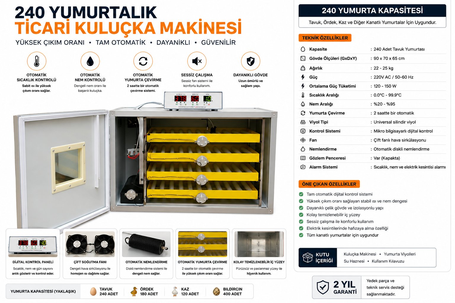 240 Yumurtalık Ticari Tam Otomatik Kuluçka Makinesi