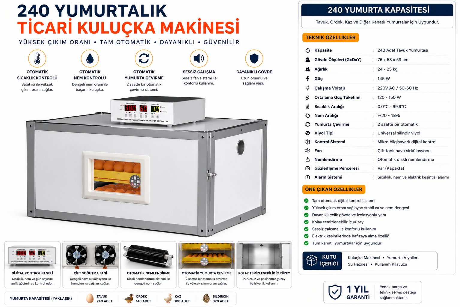 240 Yumurtalık Ticari Tam Otomatik Kuluçka Makinesi