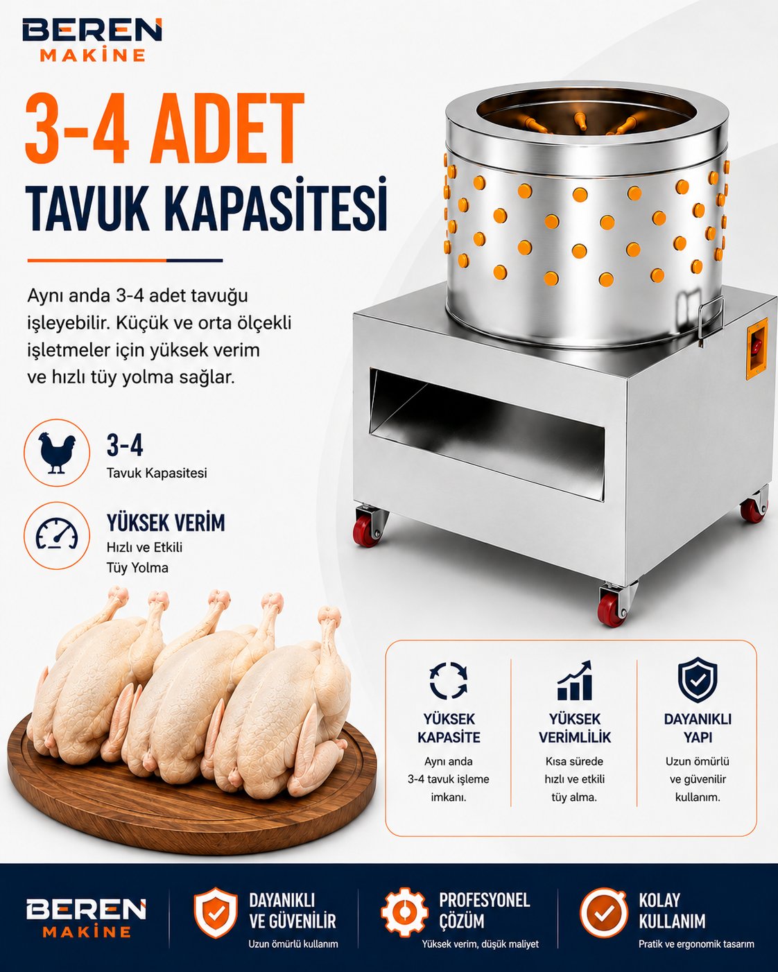 3-4 Tavuk Kapasiteli Tüy Yolma Makinesi | 1500 Watt Paslanmaz Çelik