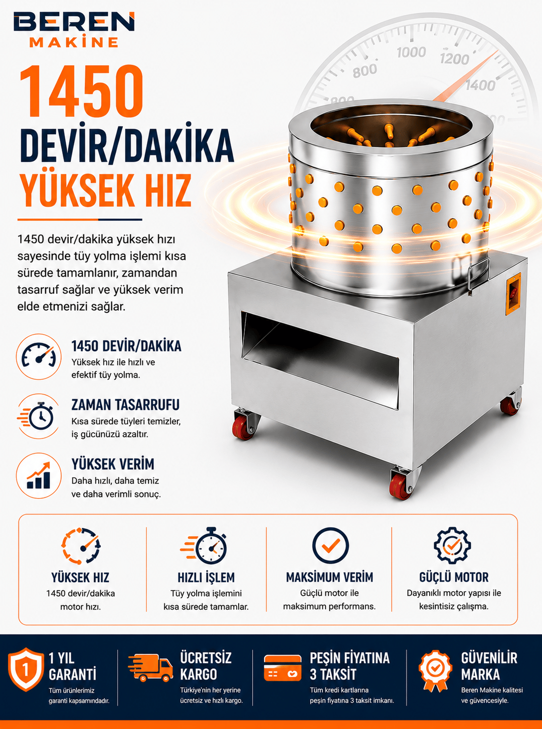 3-4 Tavuk Kapasiteli Tüy Yolma Makinesi | 1500 Watt Paslanmaz Çelik