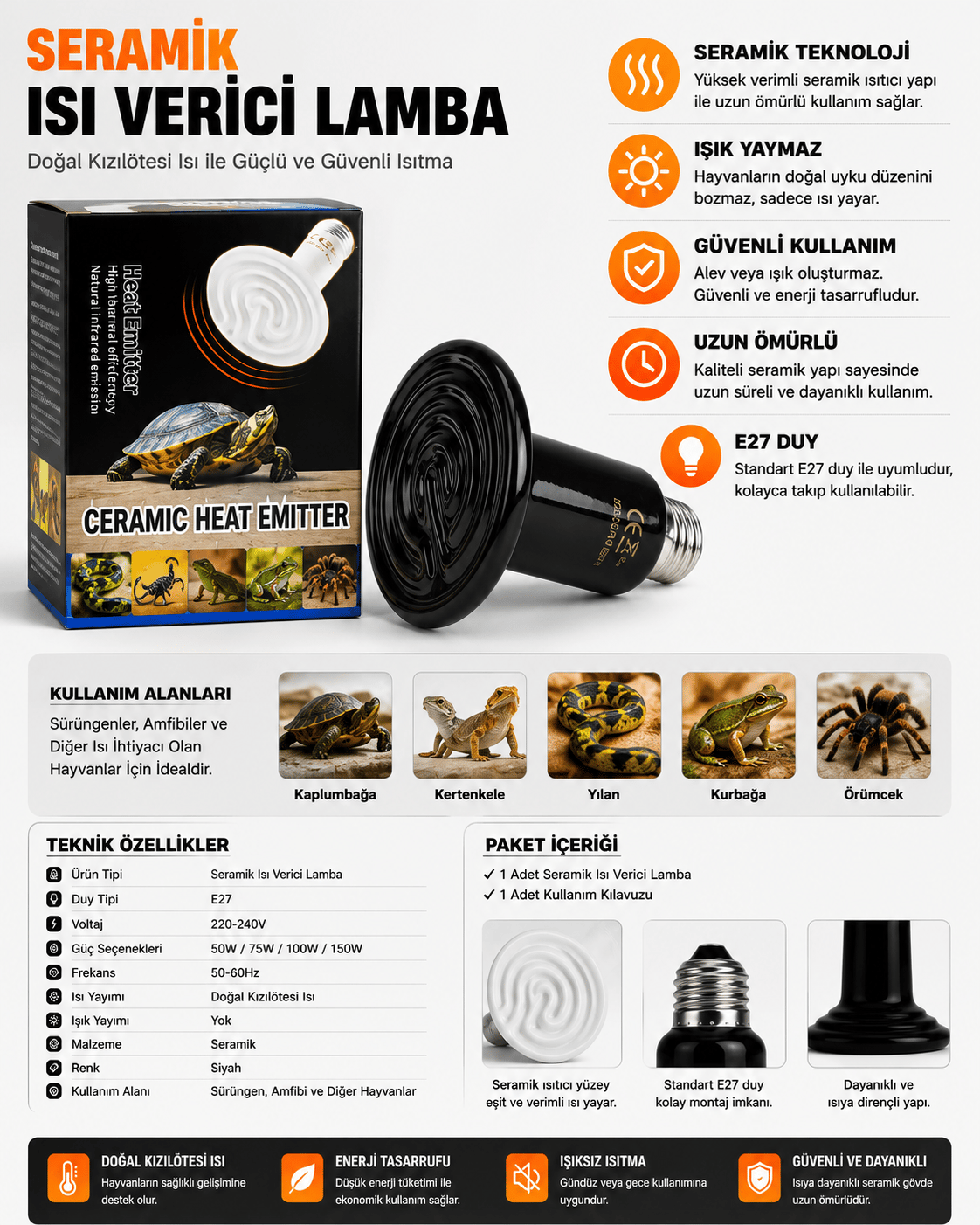 3 Adet Seramik Isıtıcı Lamba  75W / 100W / 150W Civciv Kümes Isıtıcısı