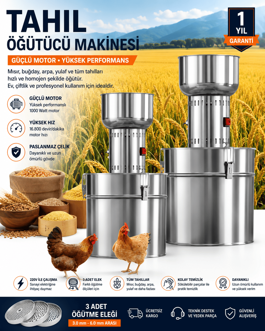 40 Litre Paslanmaz Çelik Tahıl Öğütücü Makinesi 1 KW 220V Elektrikli Yem Değirmeni