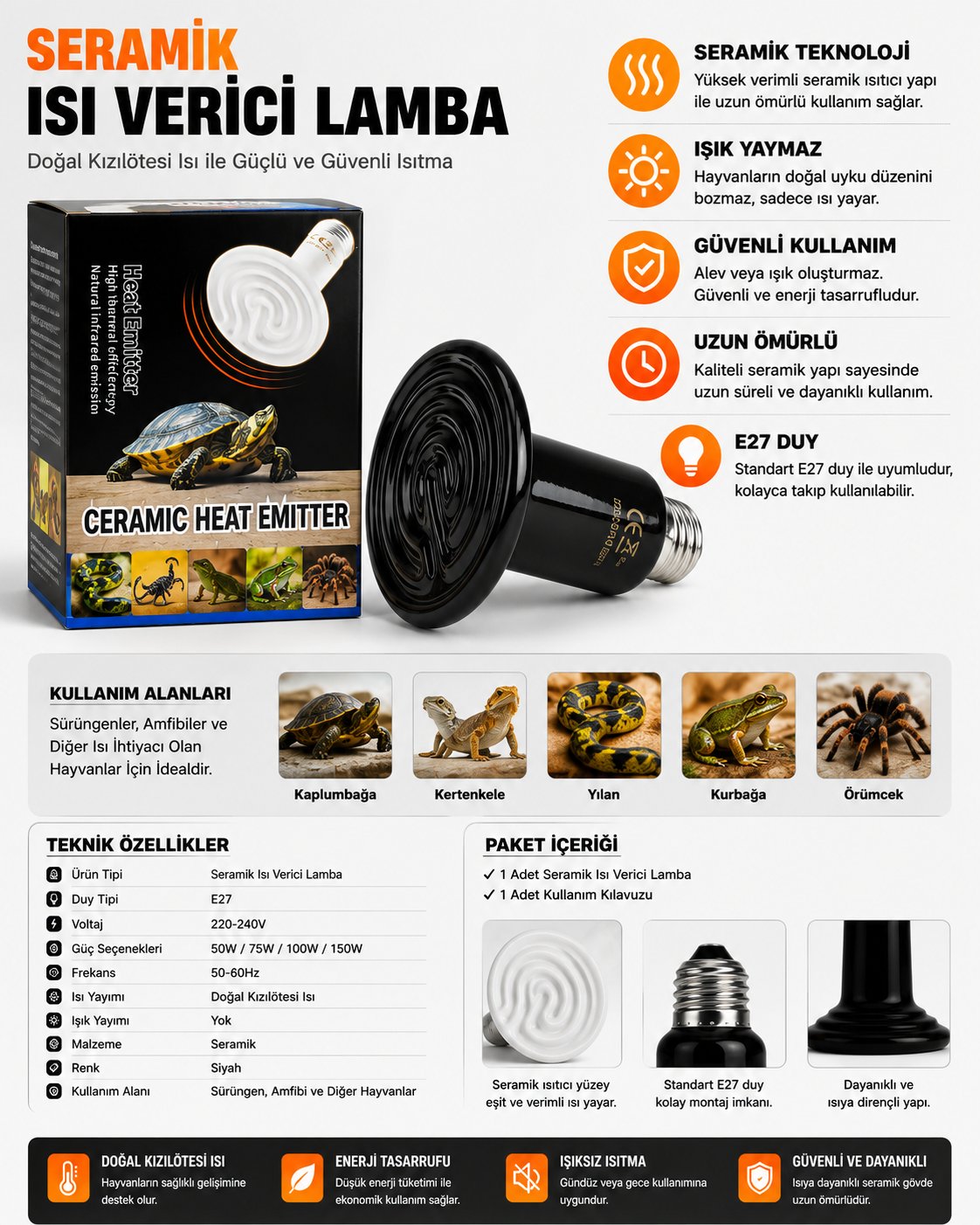 5 Adet Seramik Isıtıcı Lamba  75W / 100W / 150W Civciv Kümes Isıtıcısı