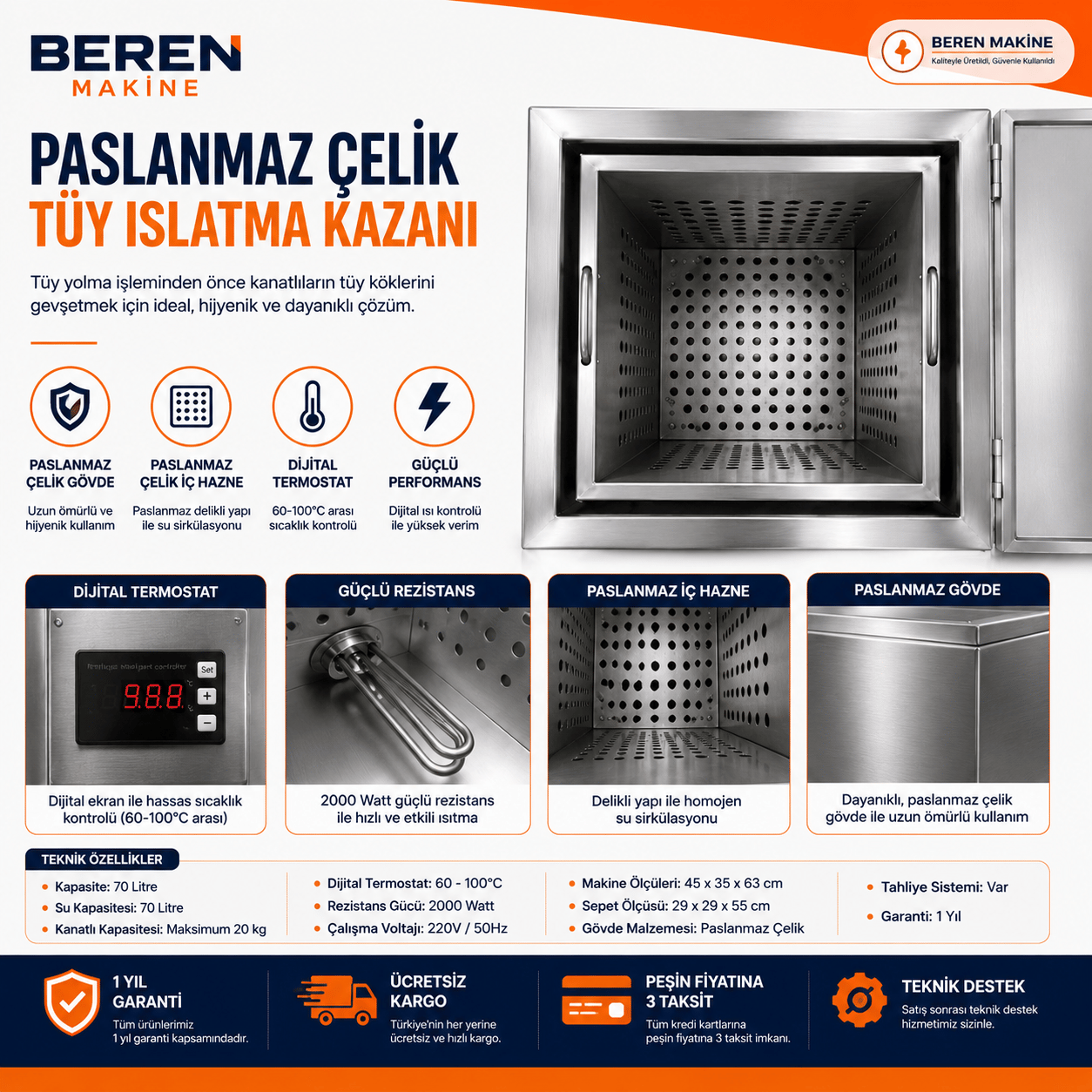 70 Litre Elektrikli Tüy Islatma Kazanı | Dijital Termostatlı