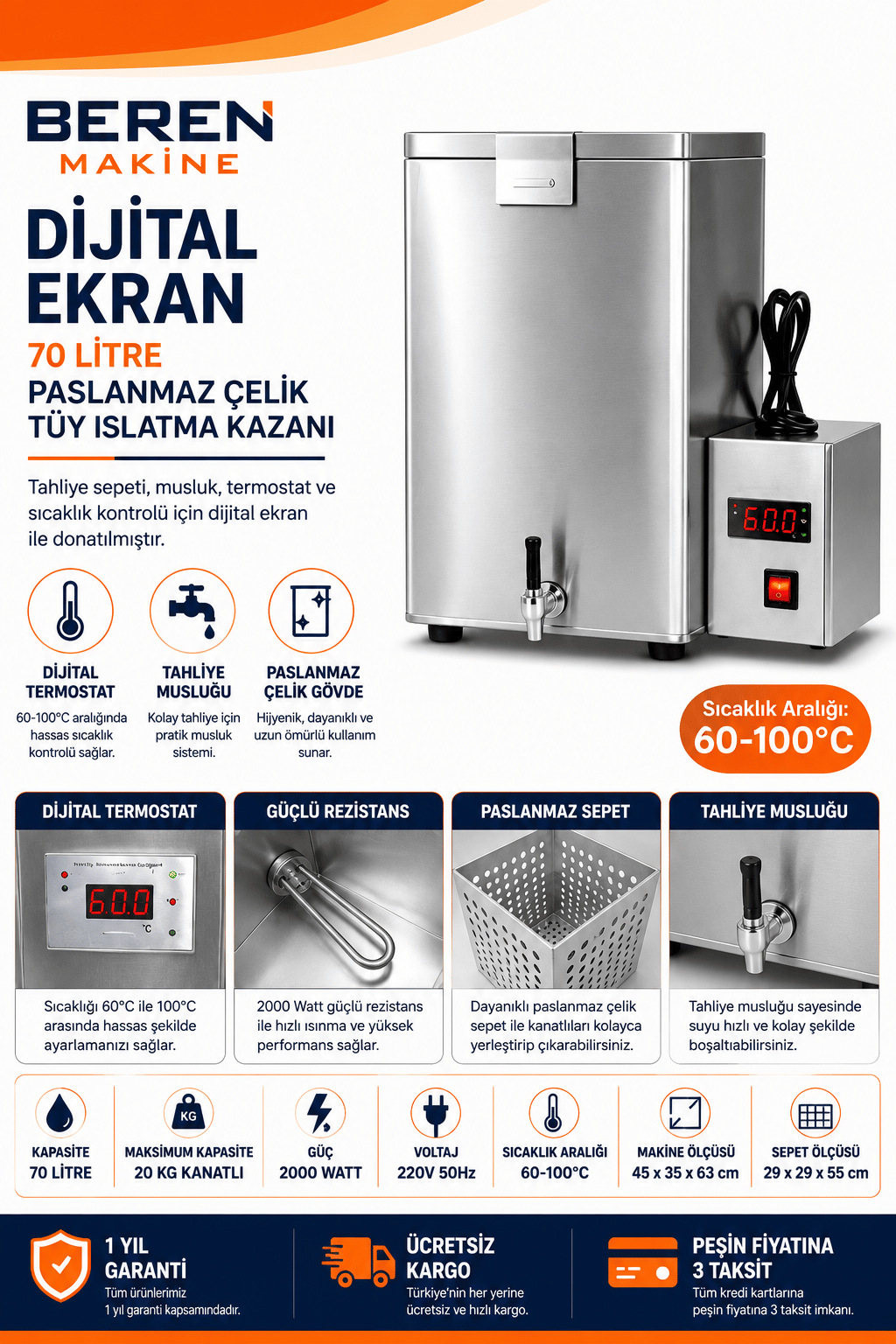 70 Litre Elektrikli Tüy Islatma Kazanı | Dijital Termostatlı