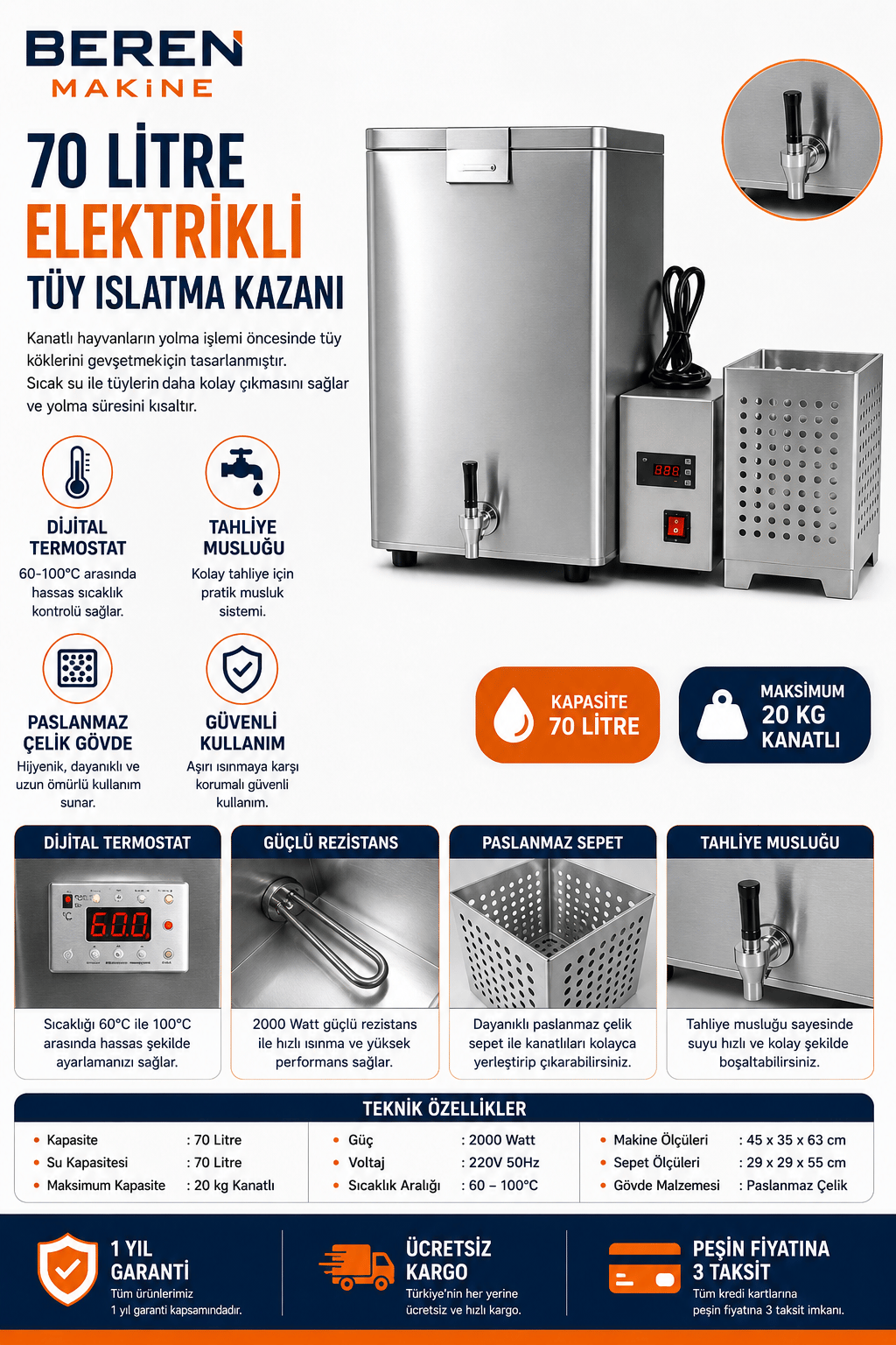70 Litre Elektrikli Tüy Islatma Kazanı | Dijital Termostatlı