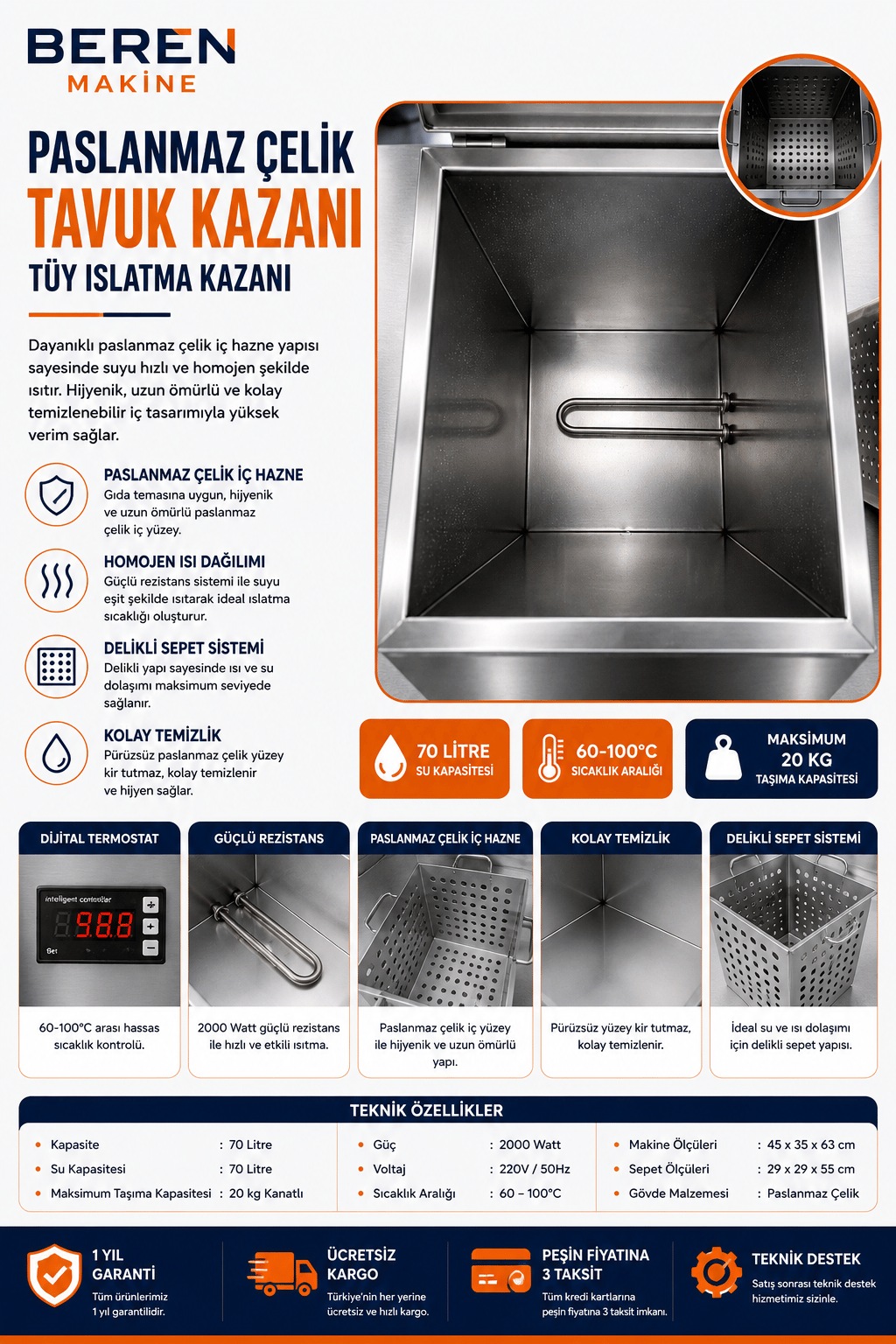 70 Litre Elektrikli Tüy Islatma Kazanı | Dijital Termostatlı