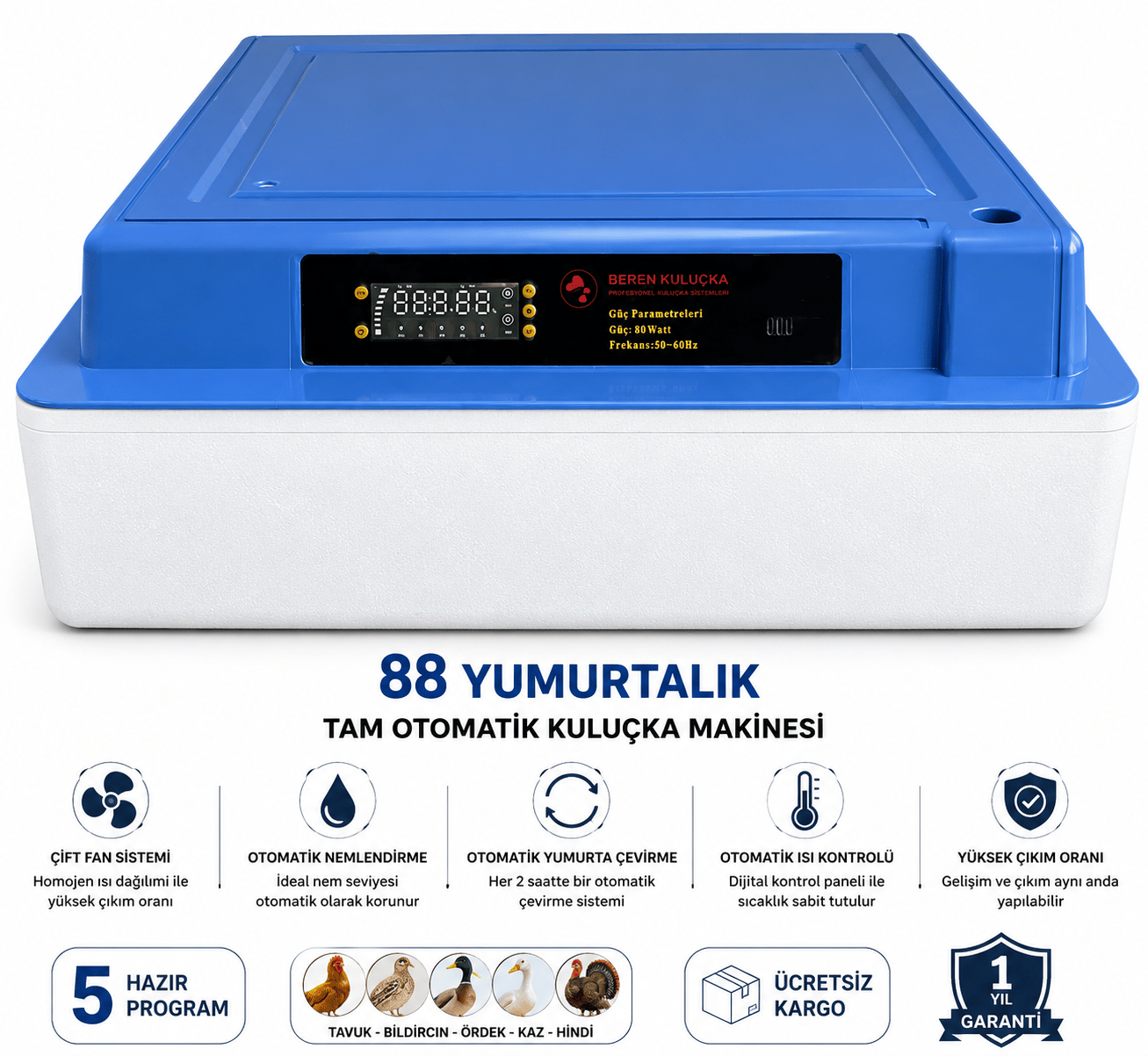 88 Yumurtalık Tam Otomatik Kuluçka Makinesi - 5 Hazır Programlı - Çift Fanlı - Dijital Isı ve Nem Göstergeli
