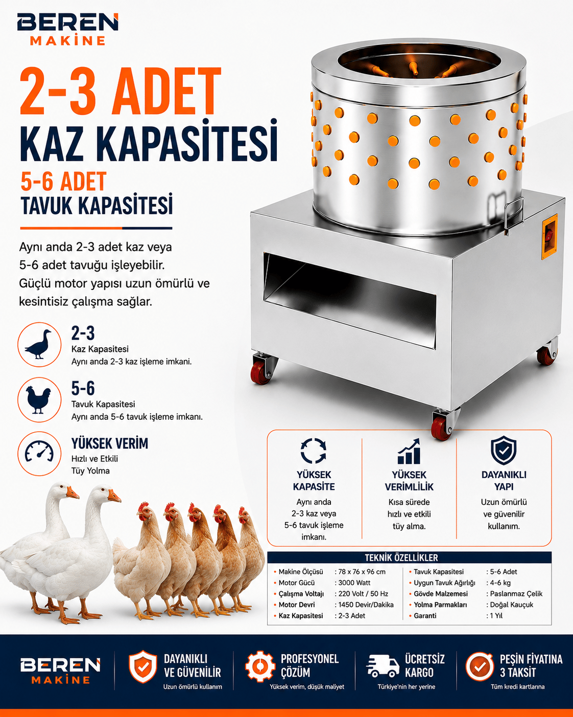 Kaz Tüy Yolma Makinesi | 3000 Watt Profesyonel Paslanmaz Çelik