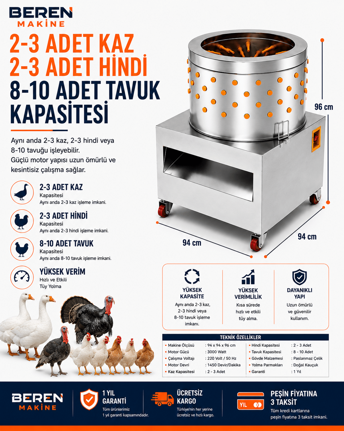 Profesyonel Kaz Tüy Yolma Makinesi | 3000 Watt Büyük Boy