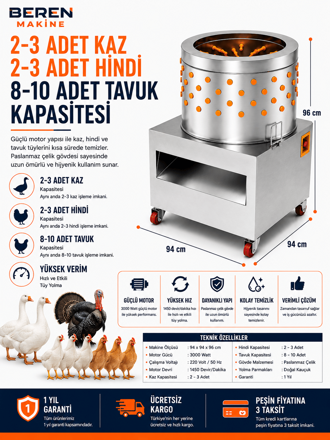 Profesyonel Kaz Tüy Yolma Makinesi | 3000 Watt Büyük Boy