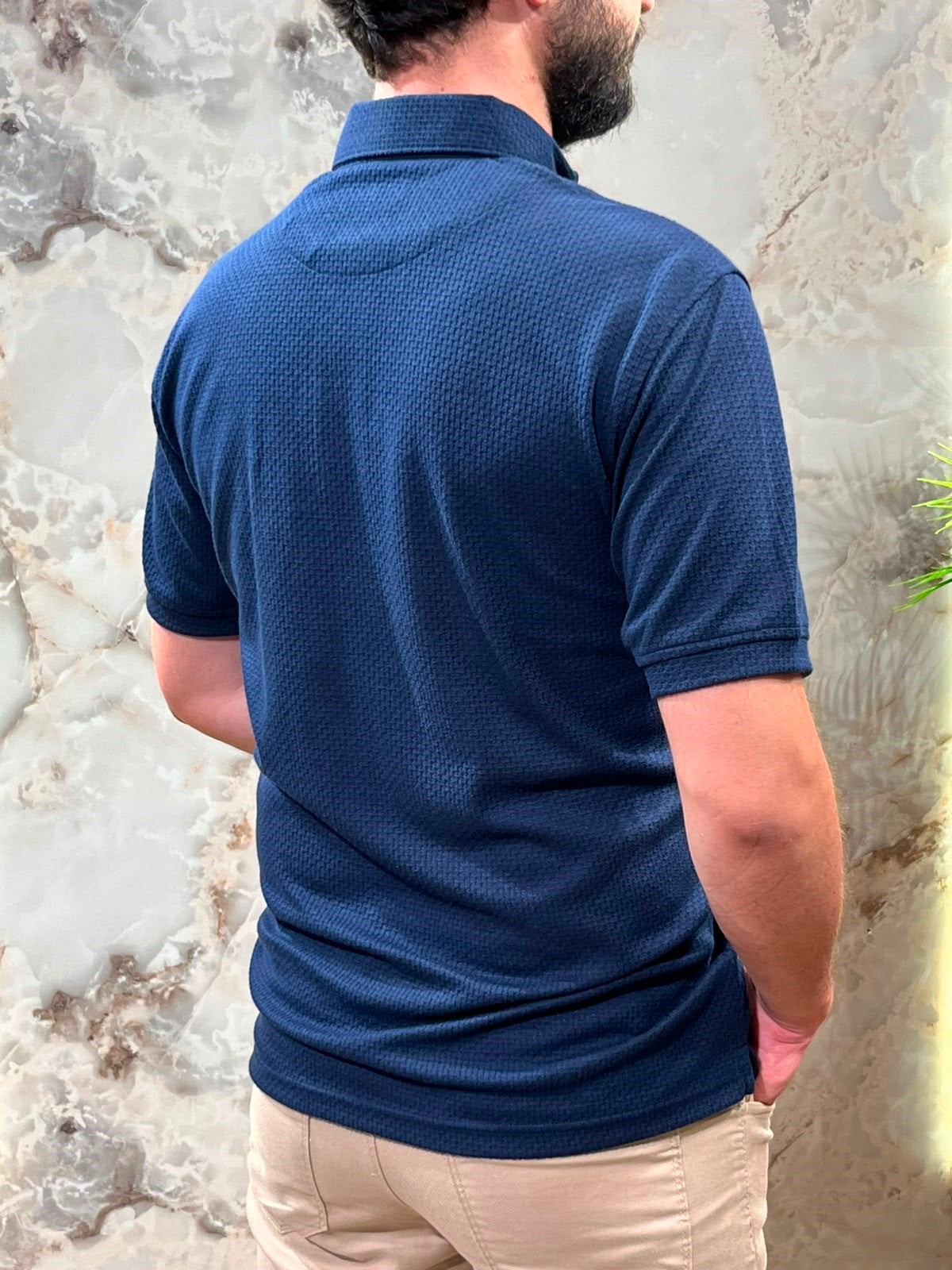 ERKEK DOKULU POLO YAKA TİŞÖRT SLİM FİT KISA KOLLU LACİVERT