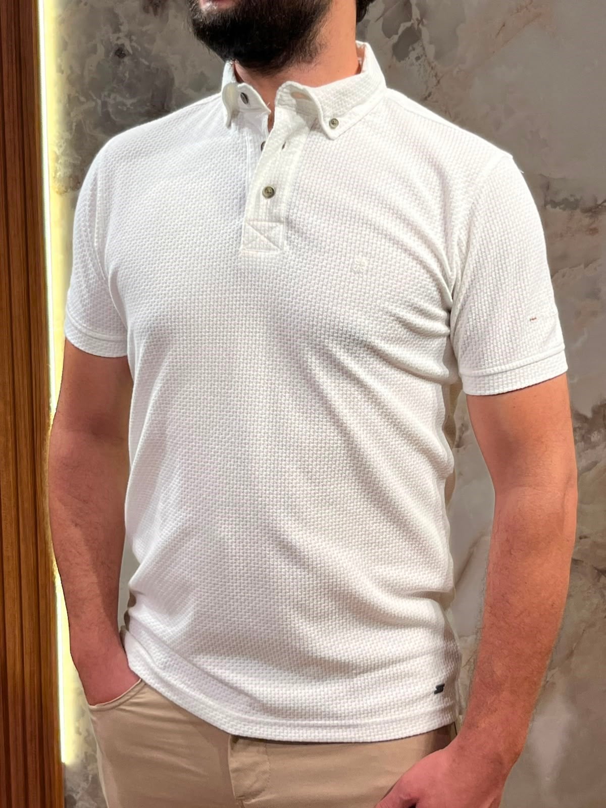 ERKEK DOKULU POLO YAKA TİŞÖRT SLİM FİT KISA KOLLU BEYAZ