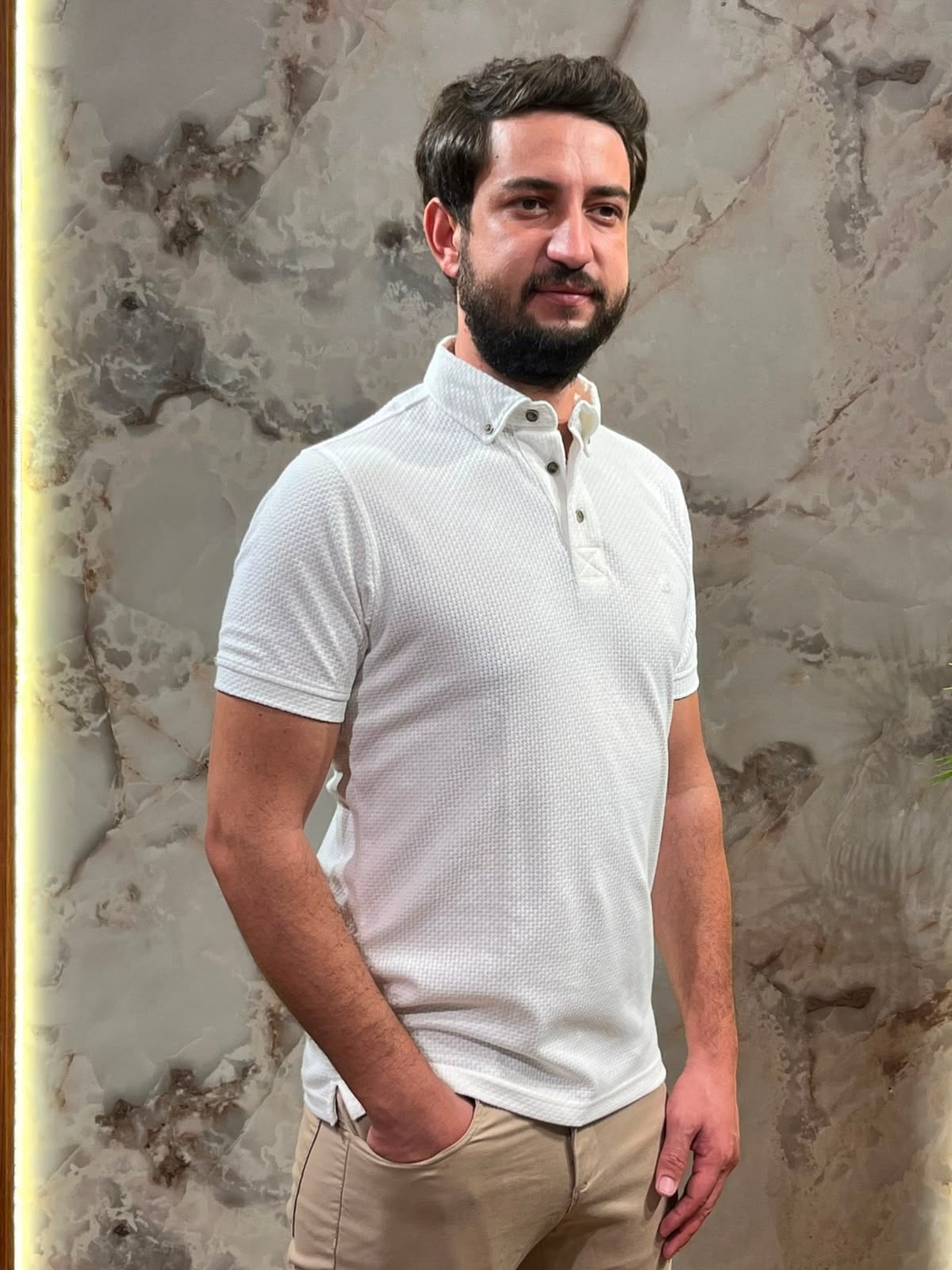 ERKEK DOKULU POLO YAKA TİŞÖRT SLİM FİT KISA KOLLU BEYAZ