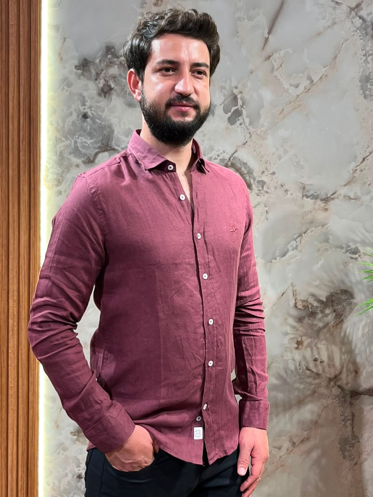 ERKEK HAM KETEN GÖMLEK BORDO SLİM FİT UZUN KOLLU YAZLIK GÖMLEK