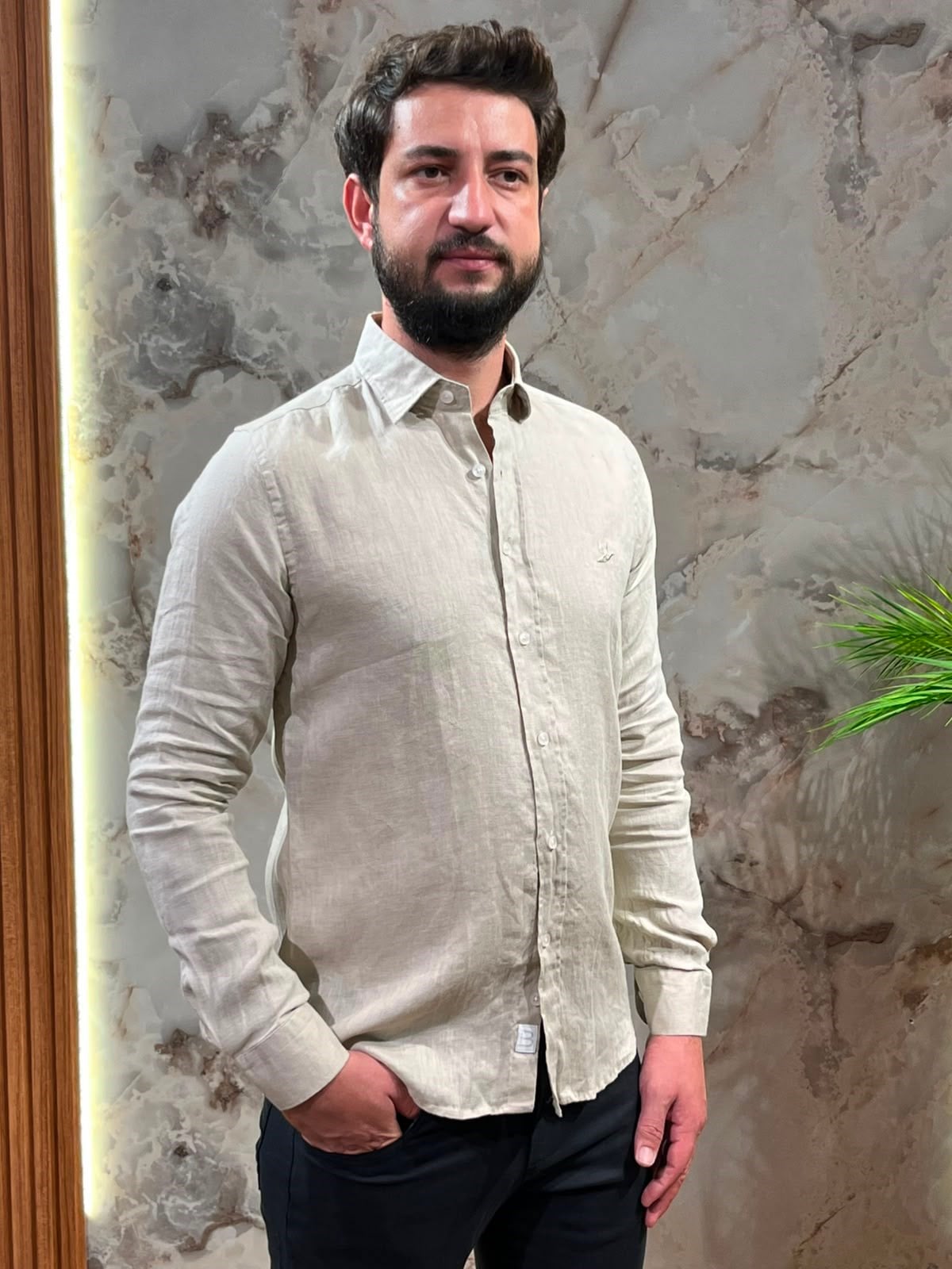 ERKEK HAM KETEN GÖMLEK TAŞ SLİM FİT UZUN KOLLU YAZLIK GÖMLEK