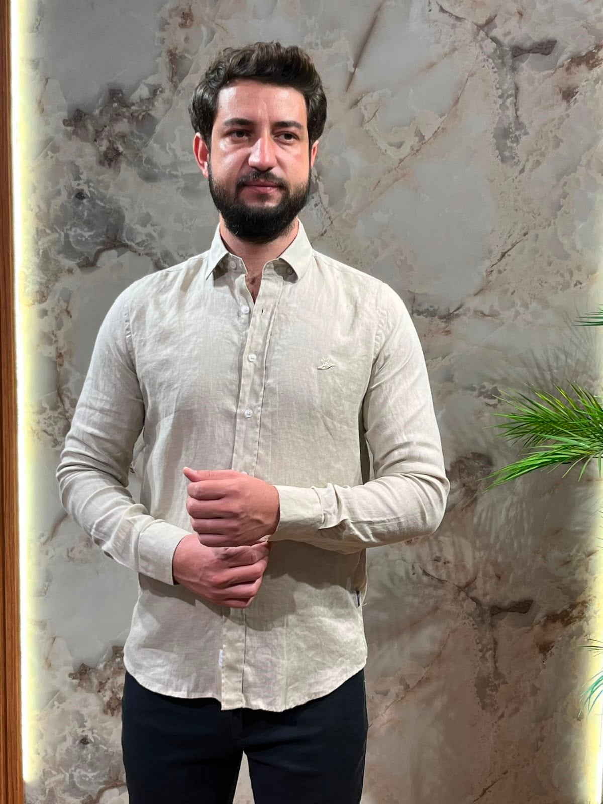 ERKEK HAM KETEN GÖMLEK TAŞ SLİM FİT UZUN KOLLU YAZLIK GÖMLEK