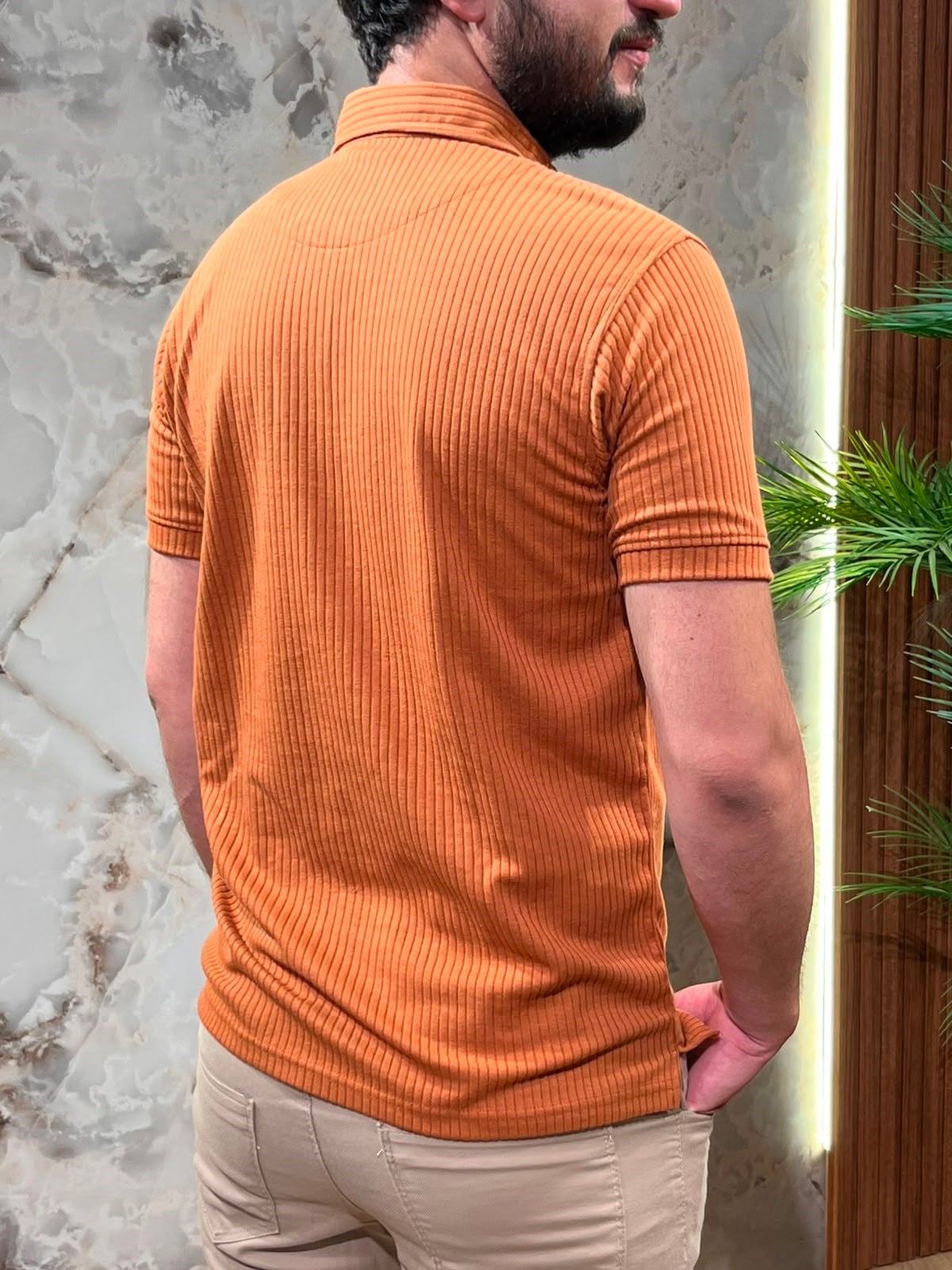 KENDİNDEN ÇİZGİLİ RAHAT KİREMİT POLO YAKA TİŞÖRT