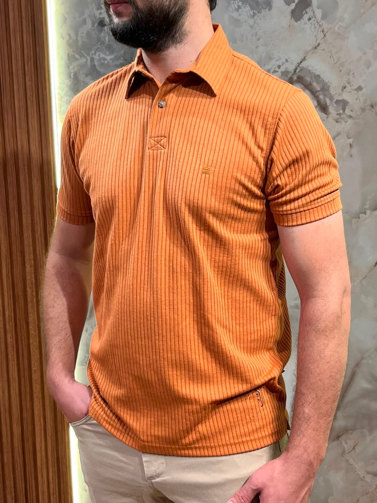 KENDİNDEN ÇİZGİLİ RAHAT KİREMİT POLO YAKA TİŞÖRT
