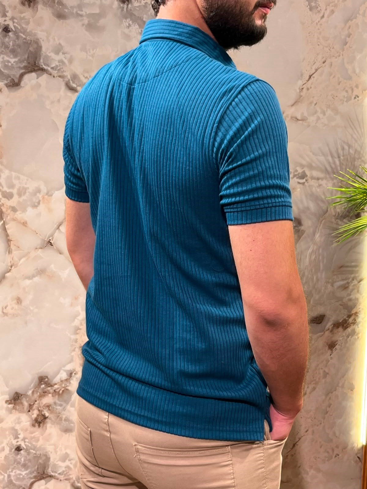 KENDİNDEN ÇİZGİLİ RAHAT MAVİ POLO YAKA TİŞÖRT