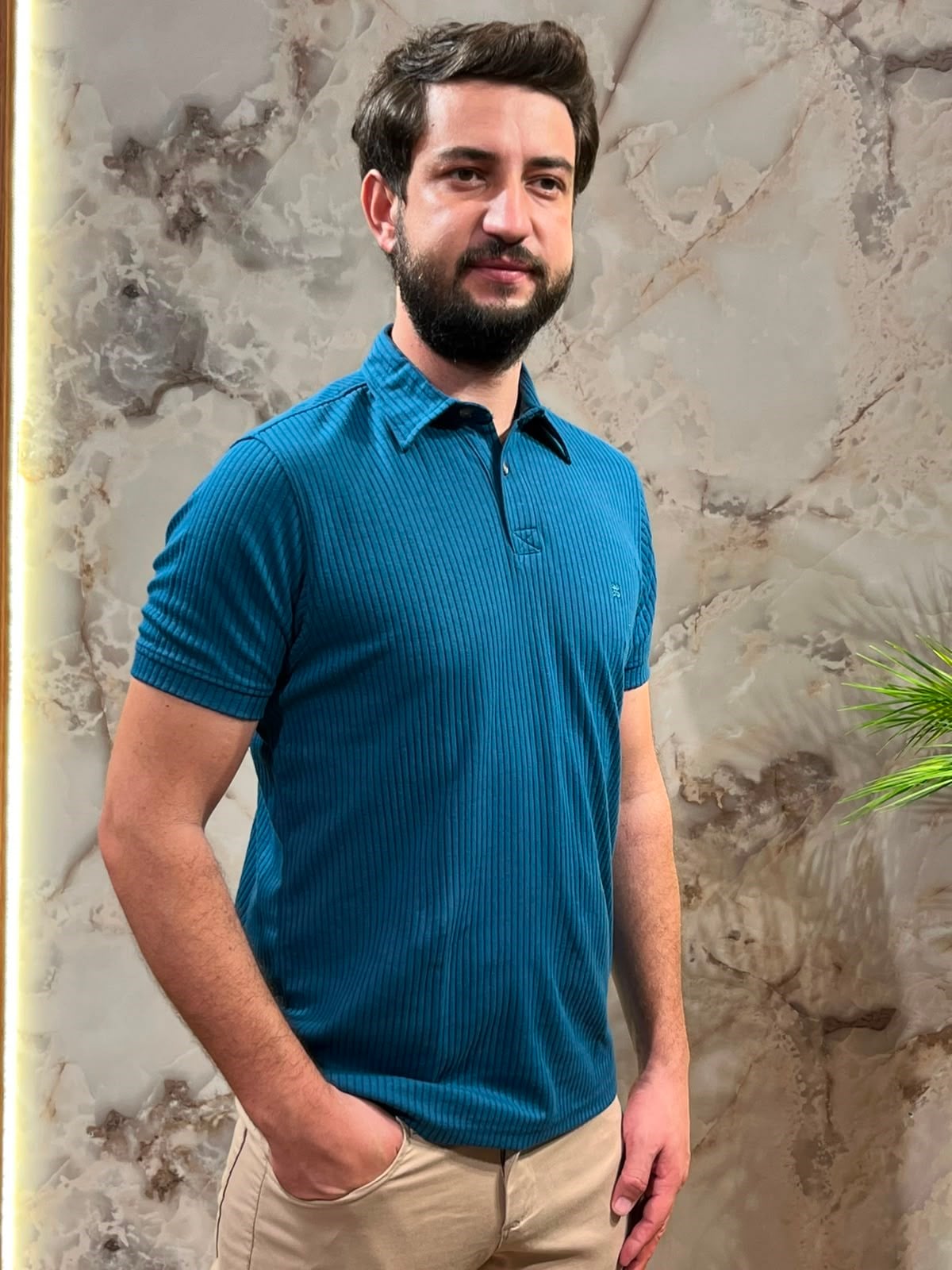 KENDİNDEN ÇİZGİLİ RAHAT MAVİ POLO YAKA TİŞÖRT