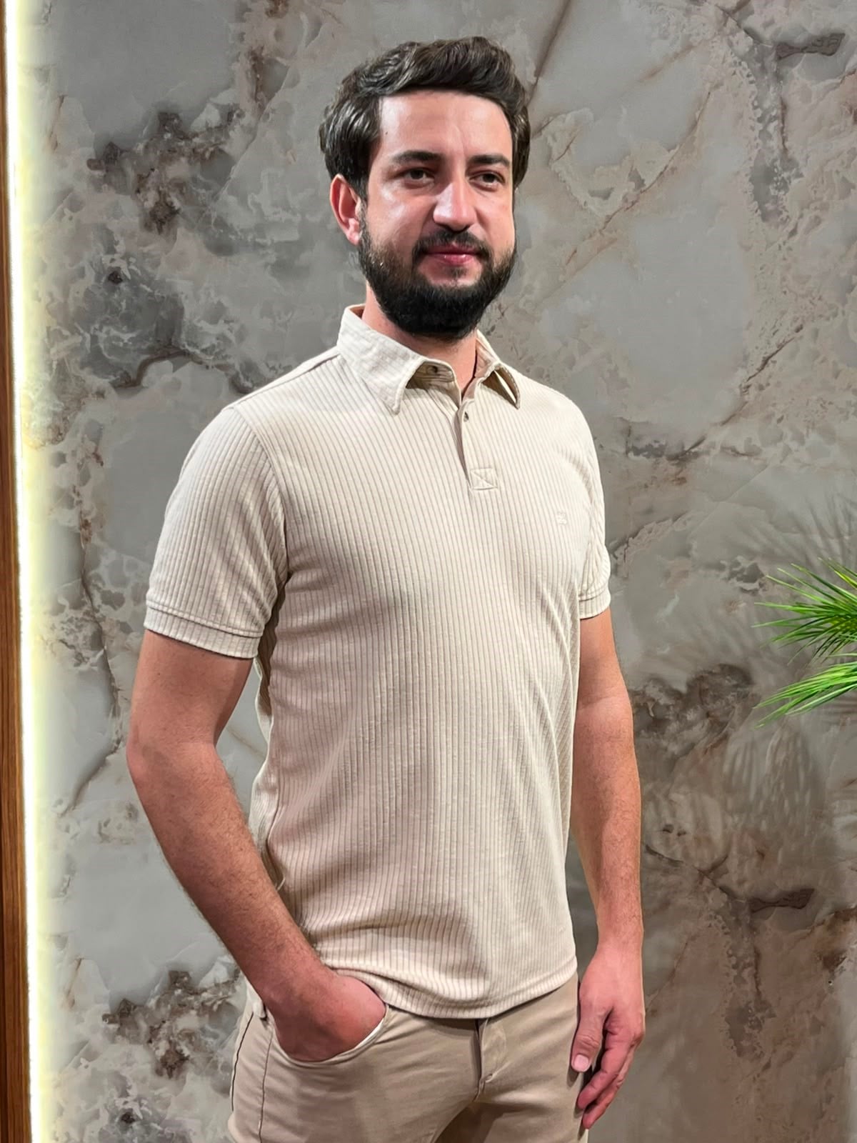 KENDİNDEN ÇİZGİLİ RAHAT TAŞ POLO YAKA TİŞÖRT